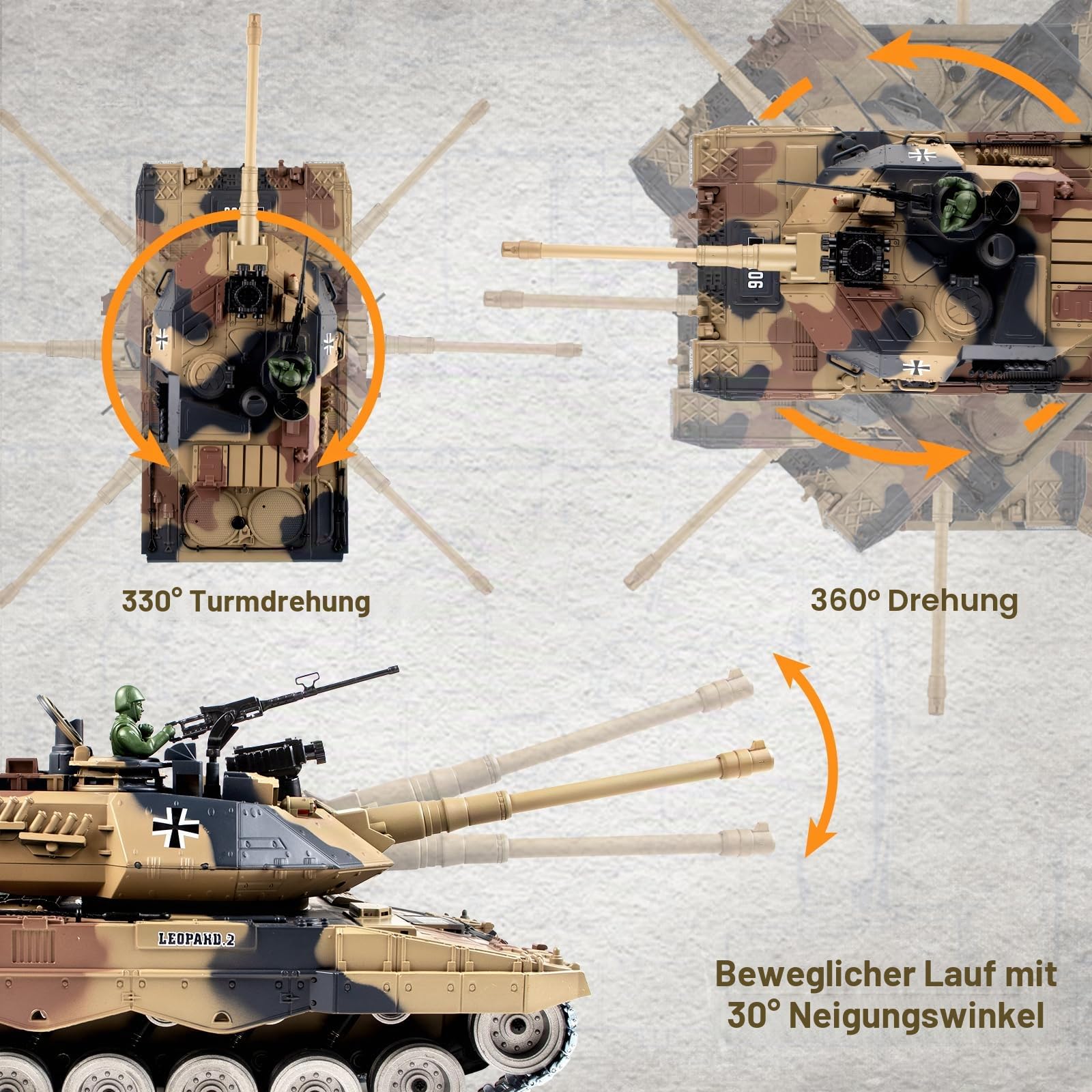1:18 RC Panzer Leopard II, 2.4GHz Ferngesteuert Panzer mit Schussfunktion, WW2 Militär, Ferngesteuertes Militärfahrzeug mit Metallketten, Rauch, Licht, Sound, Erdiges Gelb für Kinder Erwachsene