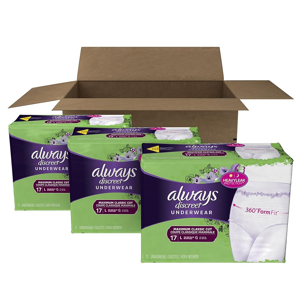 Always Discreet Incontinence & Postpartum Underwear for Women, Disposable, Maximum Absorbency, Large, 51 Count