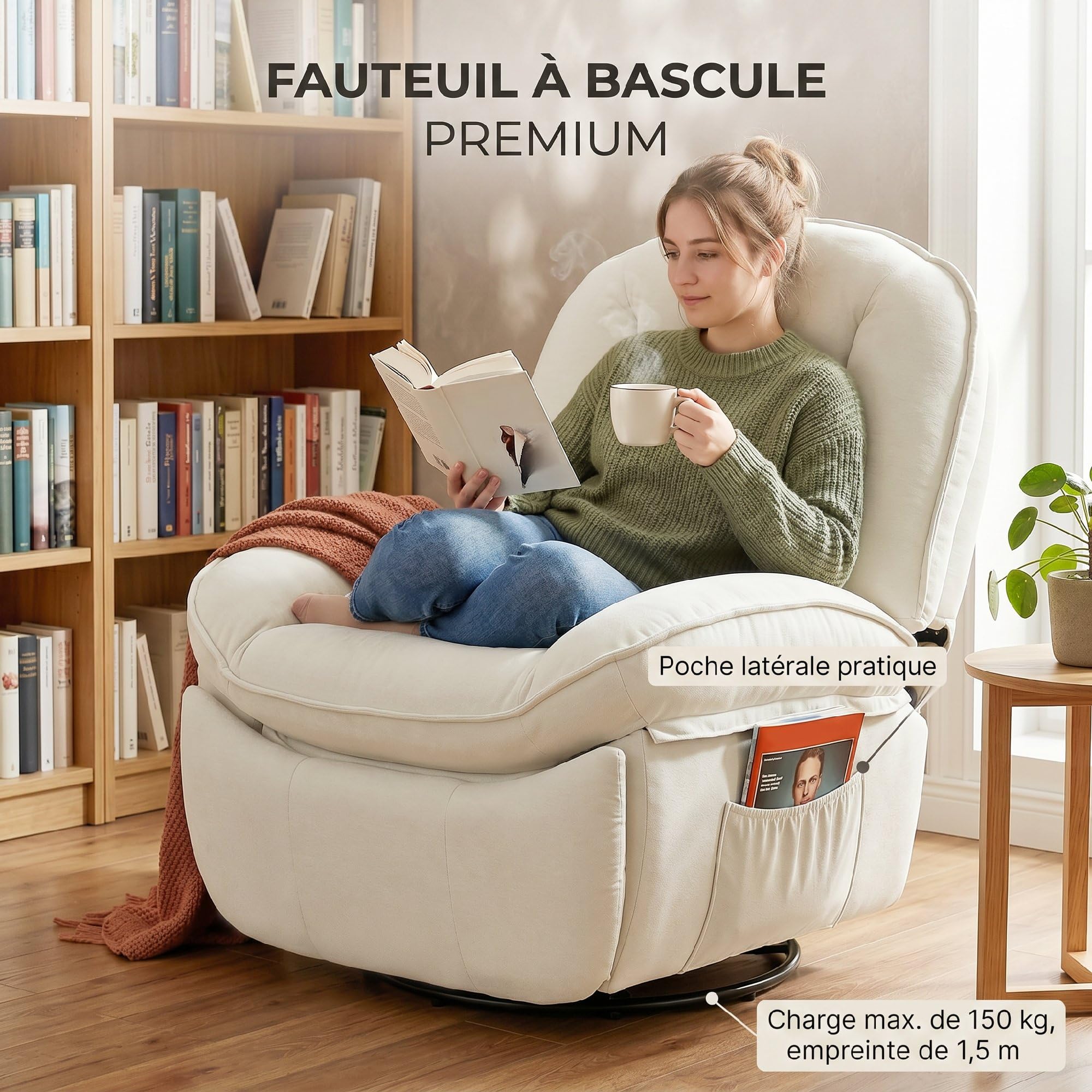 HOMCOM Fauteuil inclinable en chenille, fauteuil de relaxation pivotant à 360° avec repose-pieds, assise large, dossier épais, poches latérales, poignée de tirage, pour salon bureau home cinéma, crème