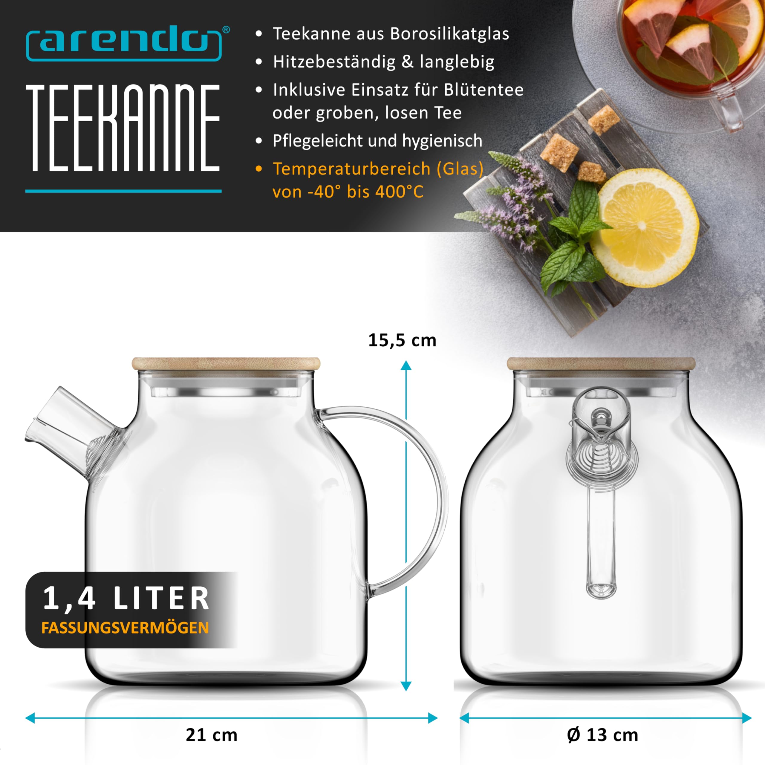 Arendo - Glas Teekanne mit Siebeinsatz – Bambusdeckel – Fassungsvermögen 1,4 Liter – hitzebeständig – mit Siebeinsatz für Blütentee – einfache Reinigung – für heiße und kalte Getränke
