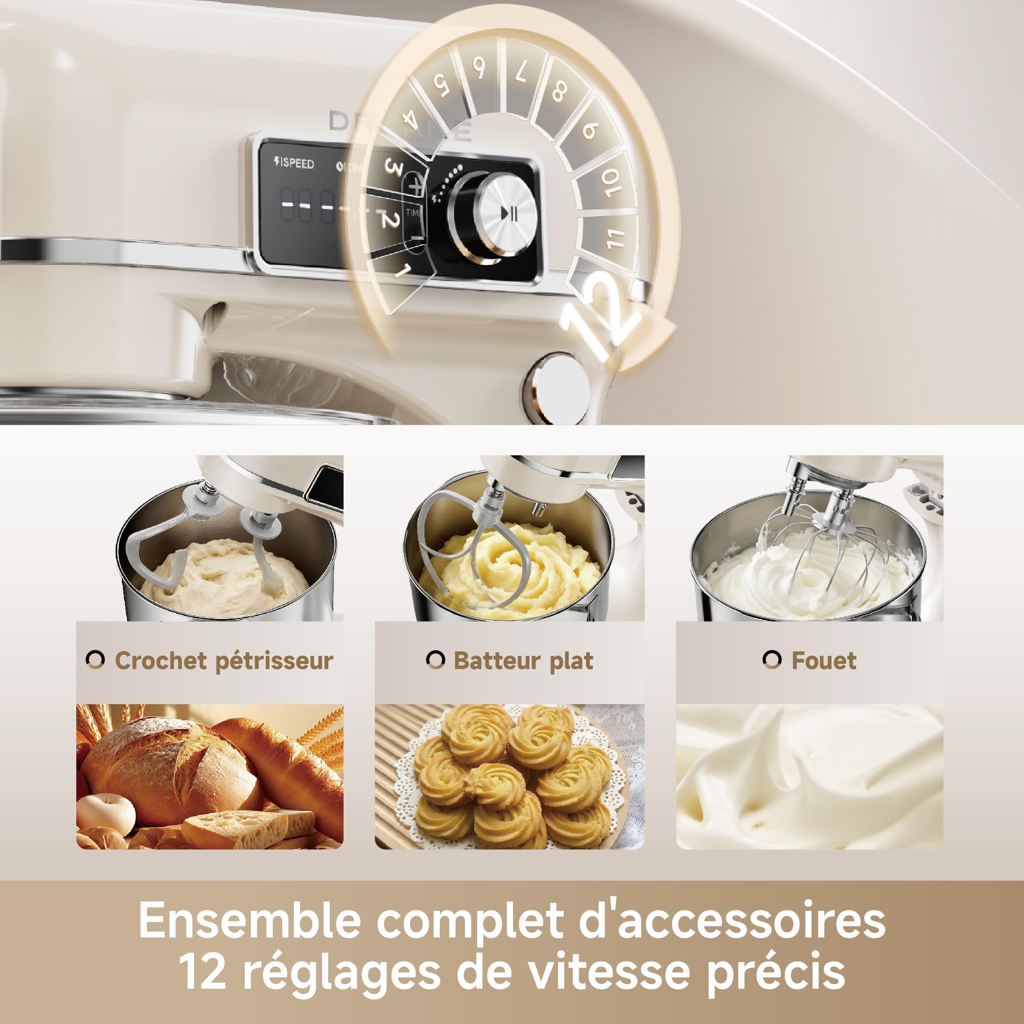 DREAME BioKnead Robot Pâtissier, 12 vitesses précises | double crochet bionique breveté, moteur DC 800 W, bol 6 L, corps tout métal, écran numérique, accessoires inclus