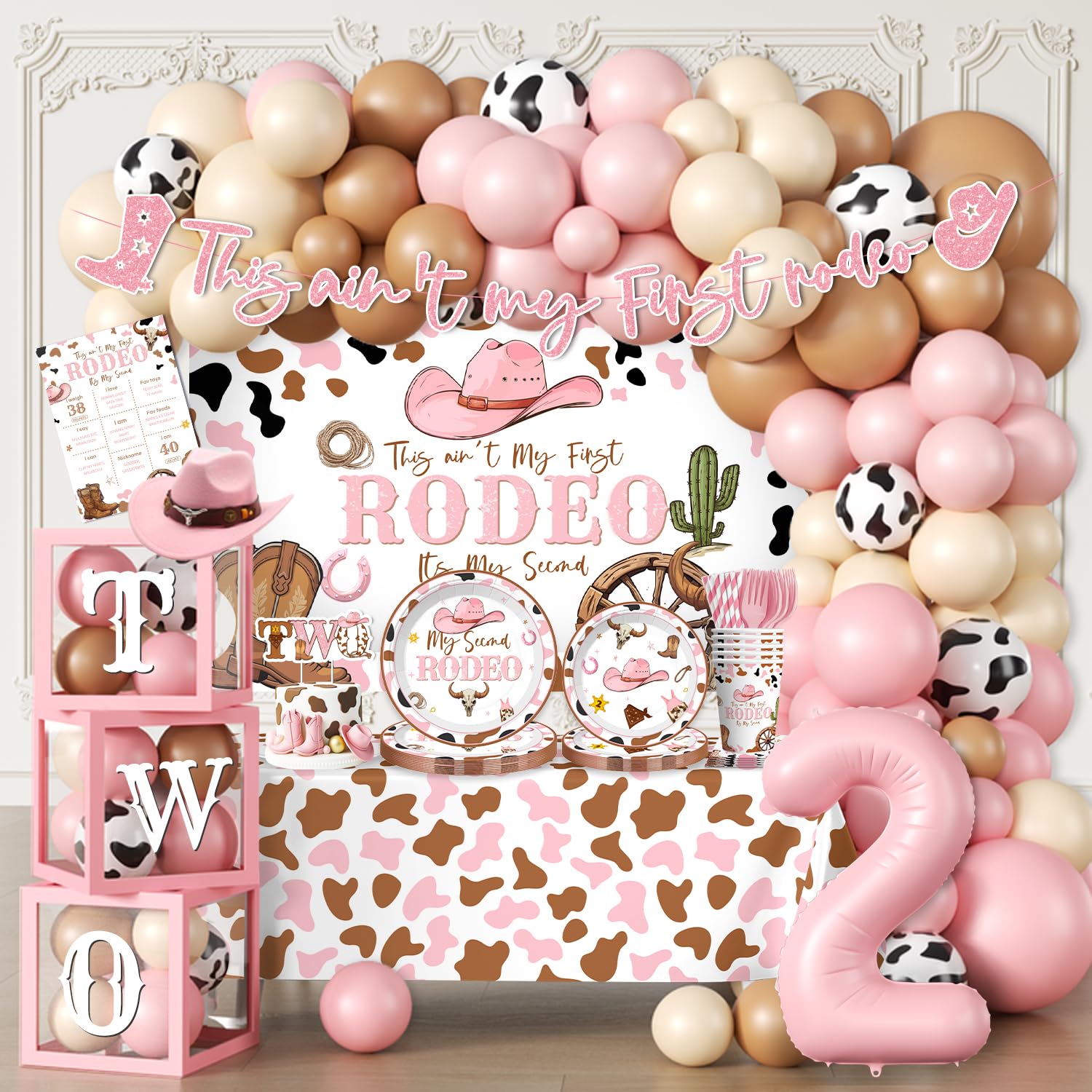 Fexivo 300pcs This Ain't My First Rodeo It's My Second Complete Party Set, for 25 Guests, Rodeo Western Cowgirl 2nd Birthday Decorations for Girl, Includes Plates Backdrop Balloon Arch Tablecloths