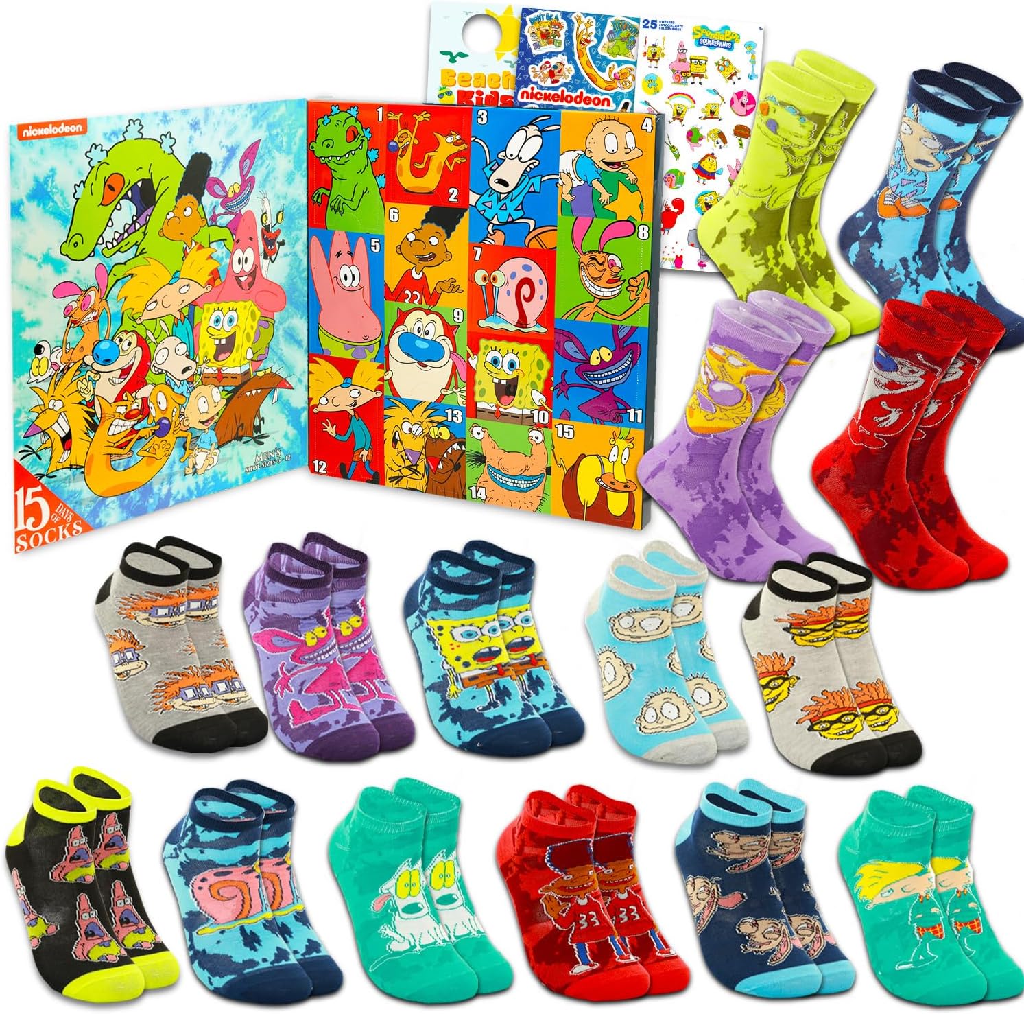 Nickelodeon 15 Days of Socks Set - Bundle of 90's Nicktoon TV Show Socks (Men's Size 6-12) & Stickers | Rugrats, Spongebob, Ren & Stimpy Novelty Pack