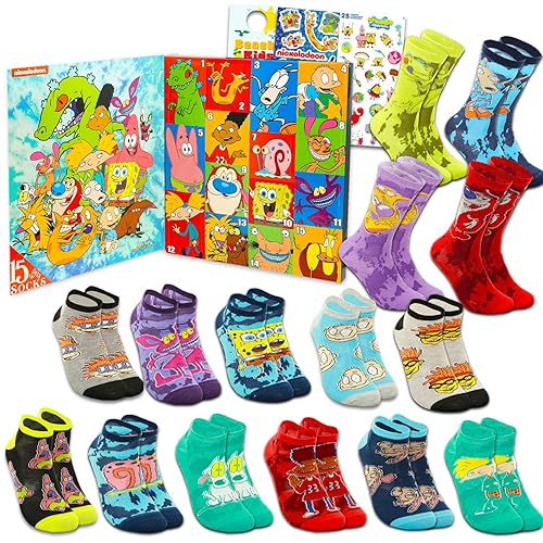 Nickelodeon 15 Days of Socks Set - Bundle of 90's Nicktoon TV Show Socks (Men's Size 6-12) & Stickers | Rugrats, Spongebob, Ren & Stimpy Novelty Pack