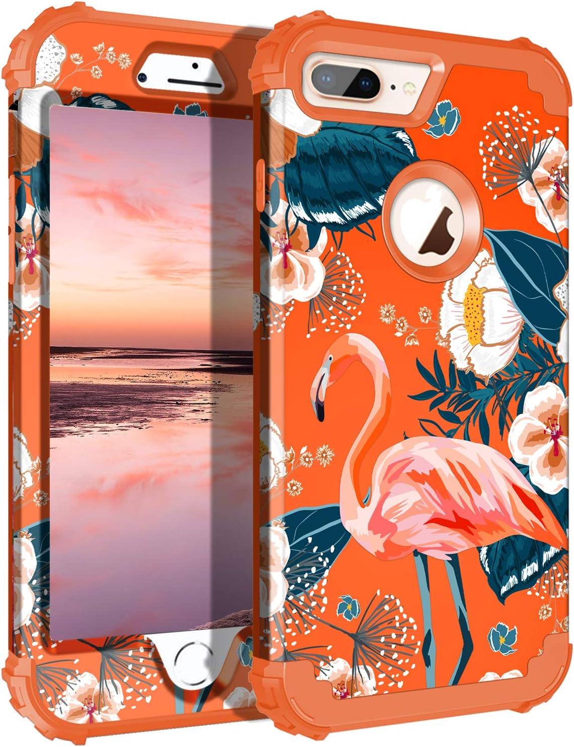 Casetego Compatible with iPhone 8 Plus Case,iPhone 7 Plus Case,Floral Three Layer Heavy Duty Hybrid Sturdy Shockproof Protective Cover Case for Apple iPhone 8 Plus/7 Plus,Flamingo