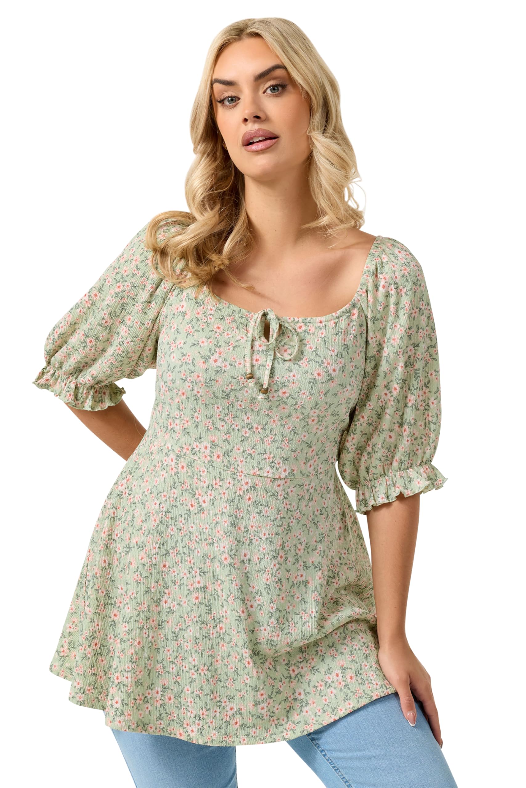 Yours Women's Light Green Textured Ditsy Floral Milkmaid Top In | Size: 34/36