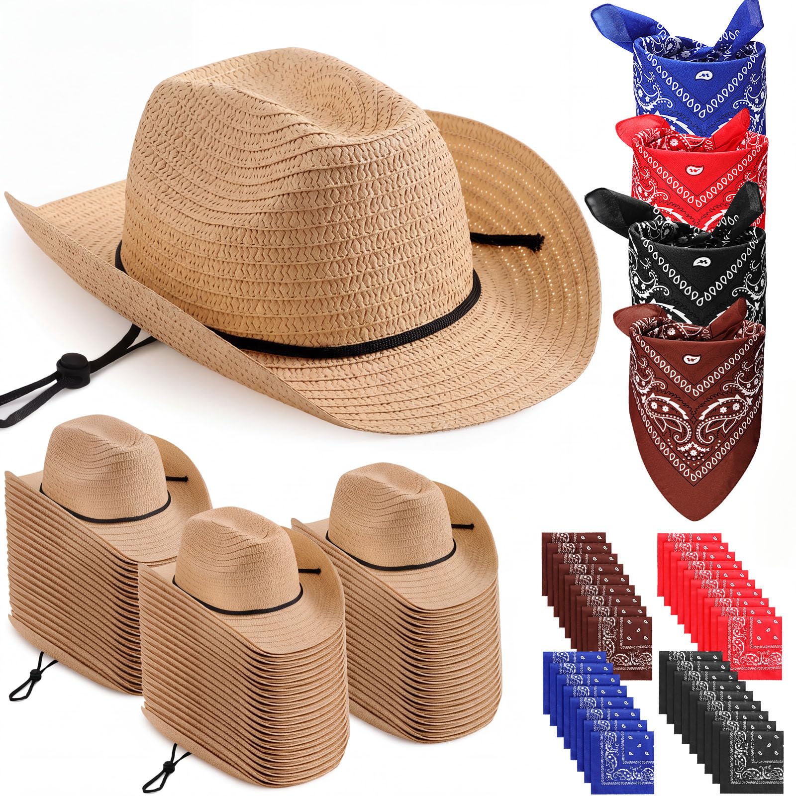 Coume 36 Set Straw Cowboy Hats and Bandanas Bulk