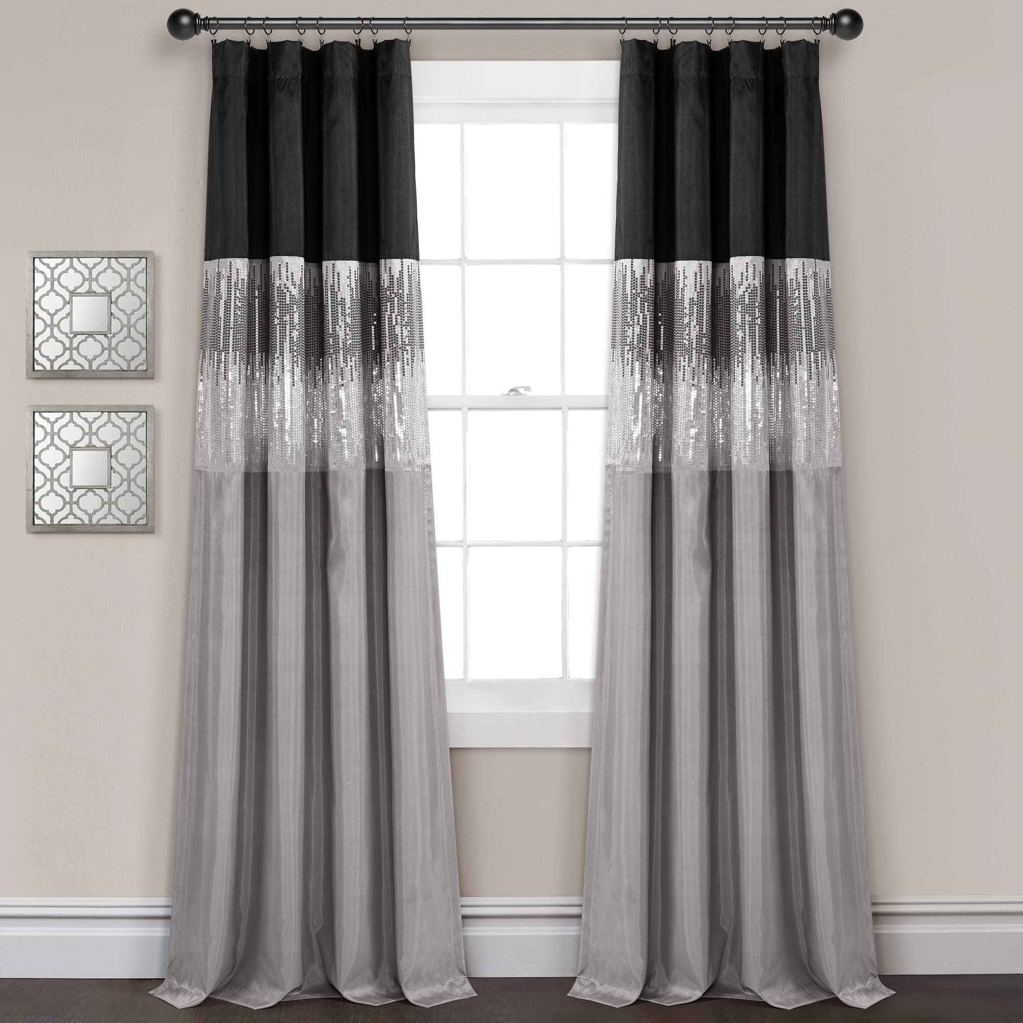 lush decor night sky 100% blackout lined window curtain panel - single panel - chic two-tone sequin detail, glamorous sparkle & modern color block design - 42" w x 84" l, black & gray