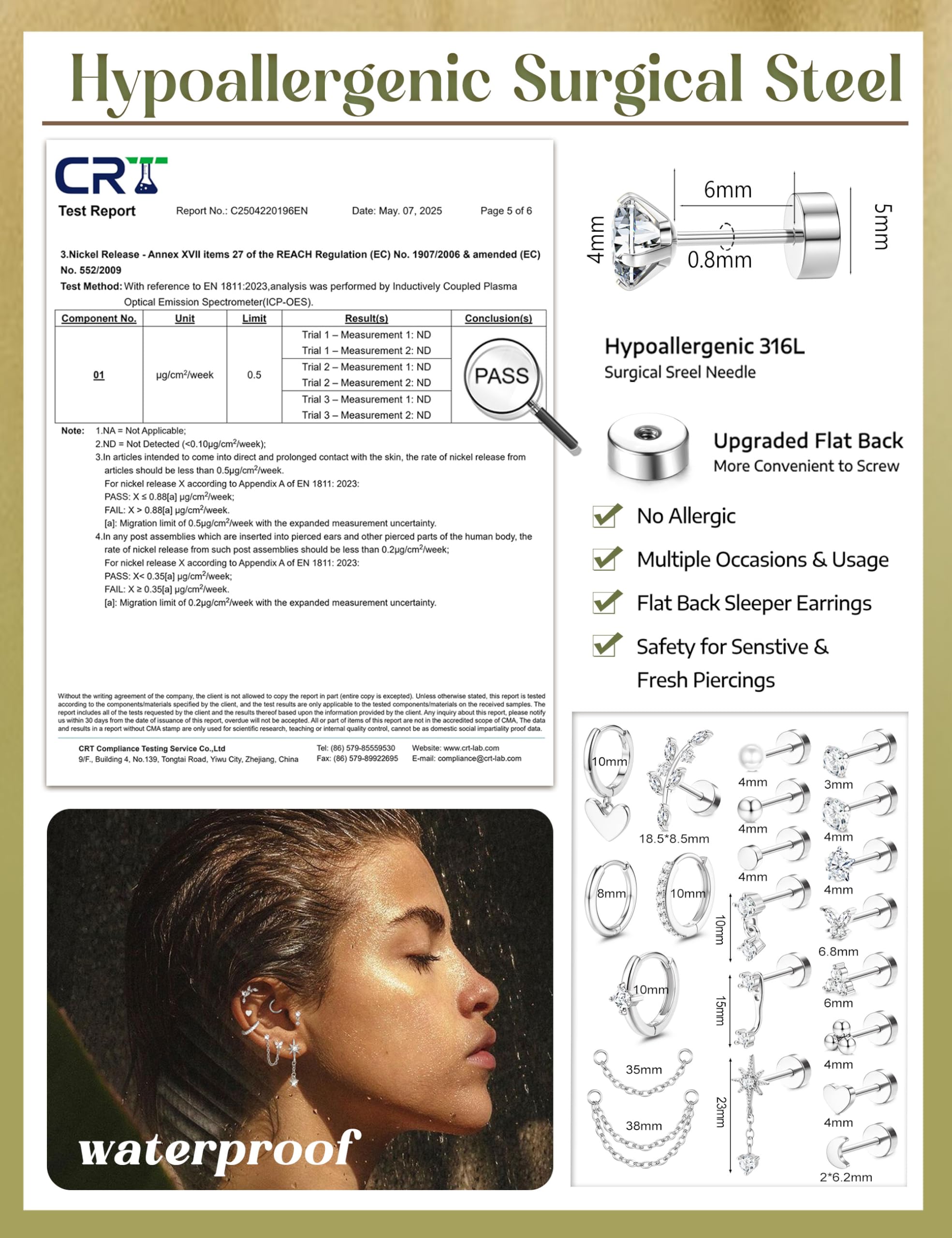 CASSIECA 21Pcs Orecchini Donna Acciaio Chirurgico Piercing Orecchio Orecchini Anallergici Donna Piercing Helix Trago Ipoallergenica Multi Piercings