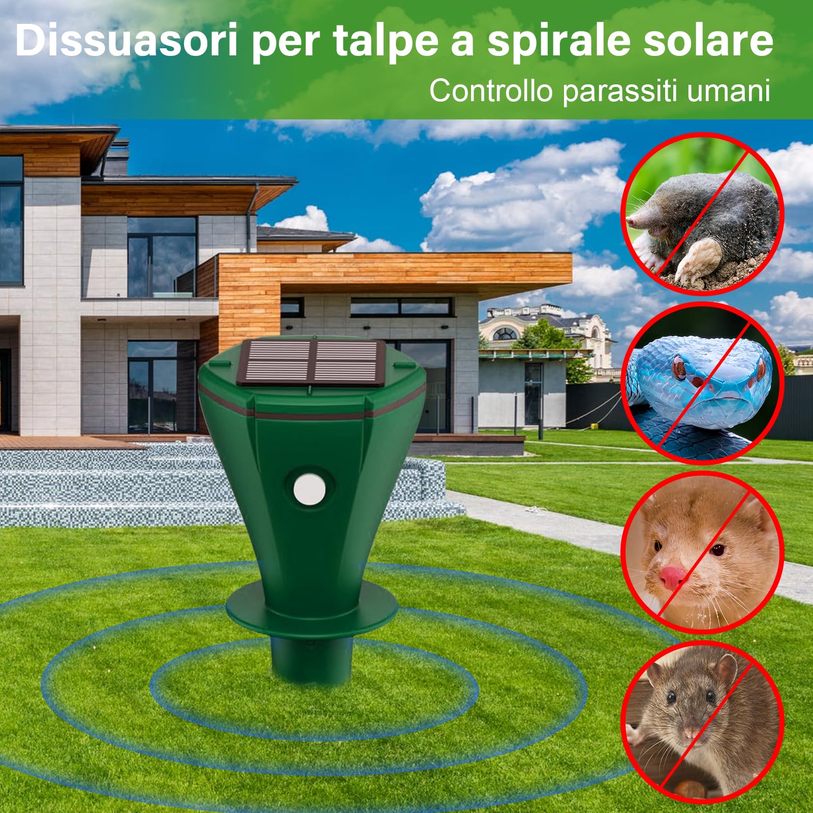 Dissuasori per Talpe, 4 Pezzi Dissuasore per Topi, Repellente per Topi, Scaccia Talpe per Scoiattoli di Terra, Serpenti, Visoni-Verde