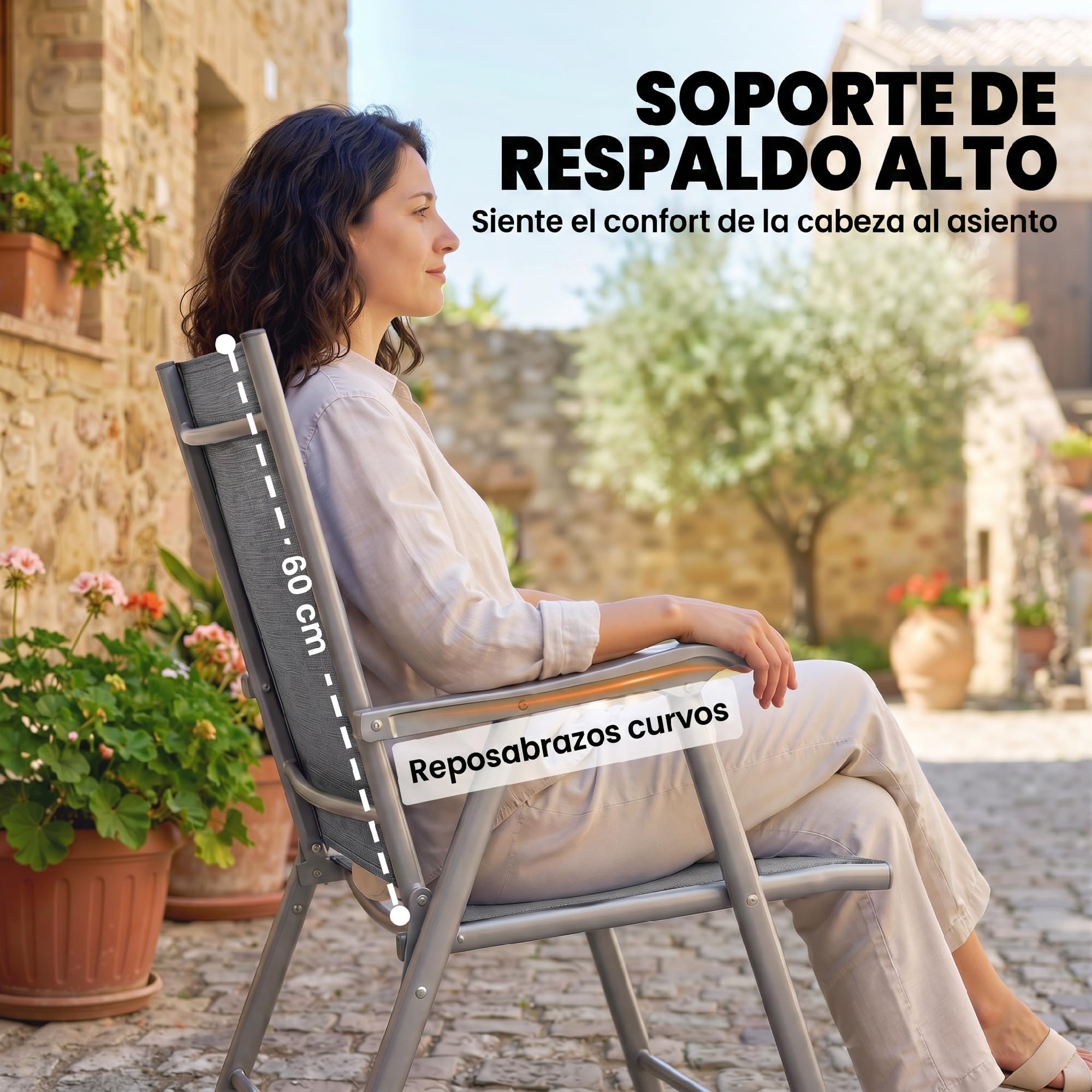 Outsunny Pack de 4 Sillas de Camping Plegables, Sillas de Jardín Exterior con Respaldo Alto y Reposabrazos, Tela Textilene Transpirable y Marco de Acero para Terraza, Playa, 58x62x97 cm, Gris Claro