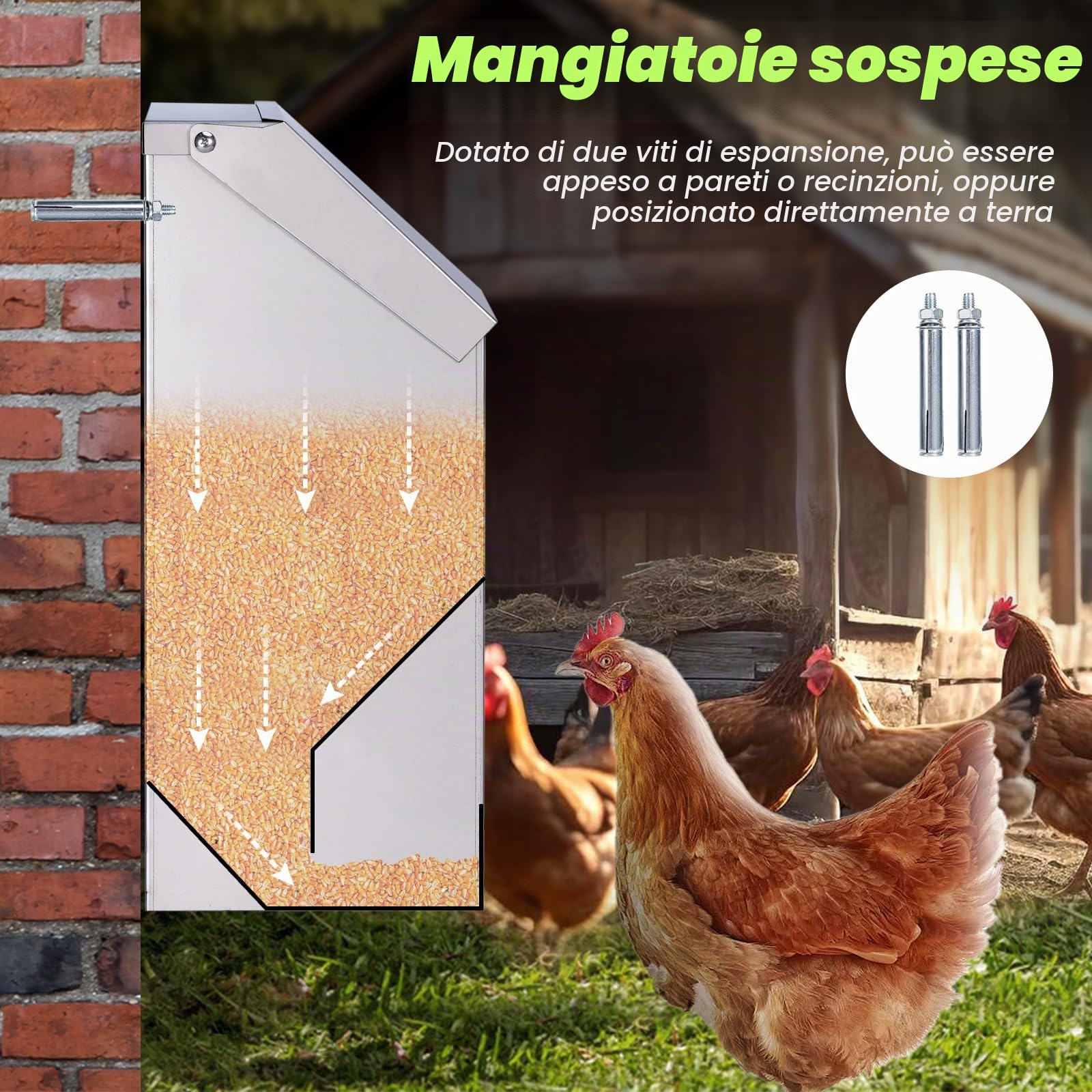 Distributore Automatico Mangime Per Polli, 10 Kg di Mangime per Pollame Appeso in Acciaio Inox con Abbeveratoio per Polli, Senza Sprechi, Mangiatoia per Pollai All'Aperto, Mangiatoia per Anatre, Oche