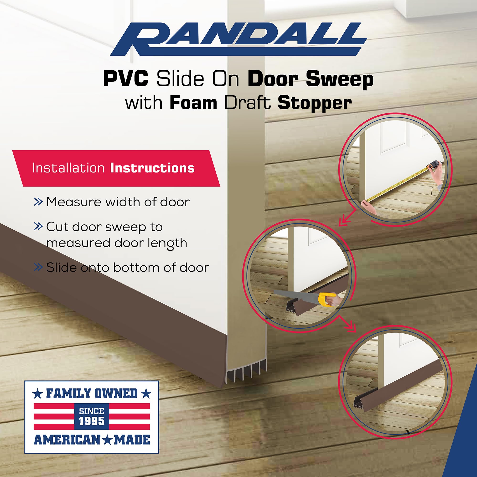 4 FT PVC Slide-On Door Bottom Weatherstrip With Drip Cap - Adjustable For 1 3/4 Doors, Brown, Made In USA