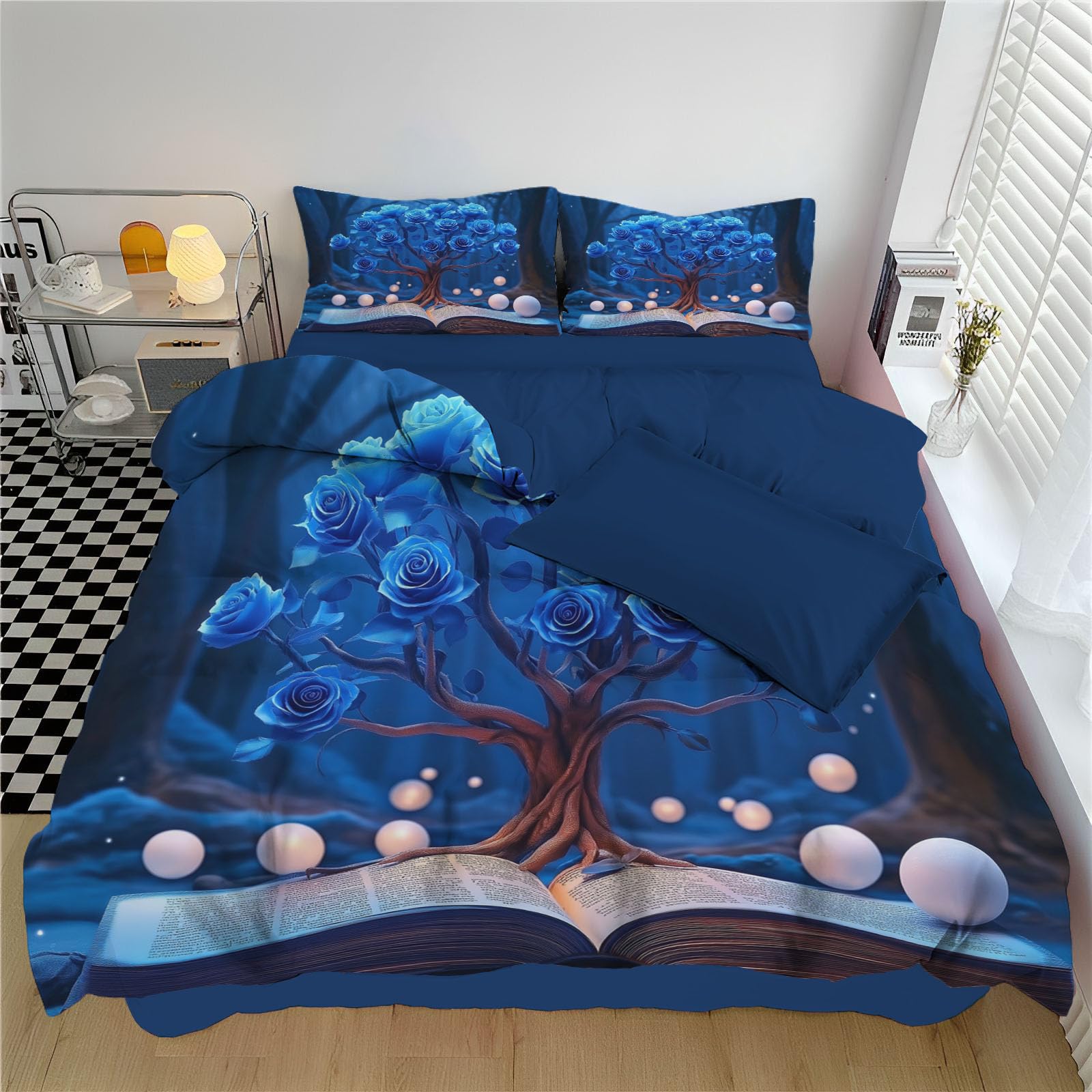 Parure de lit rêve microfibre bleu housse de couette 240x260 2 personnes motif livre rosier zippé