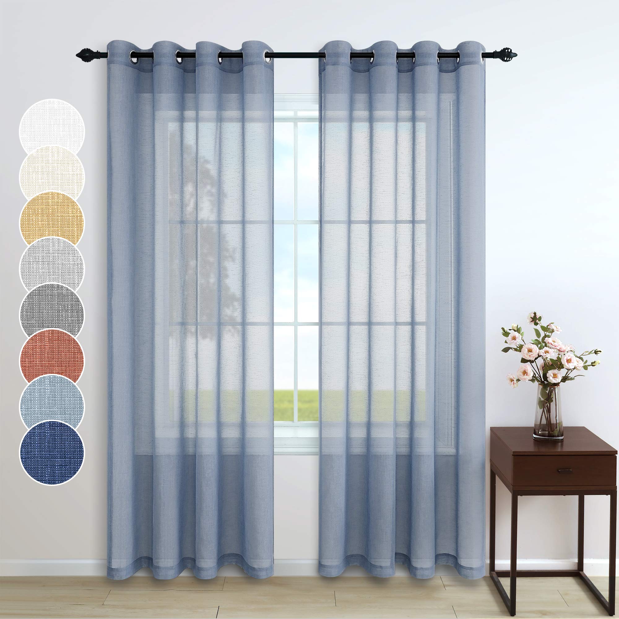 PitalkDusty Blue Curtains 84 Inch Length for Living Room Decor 2 Panels Grommet Linen Look Translucent Country Blue Semi Sheer Curtains for Bedroom Dining Bay Window Accents 52x84 Long Grey Gray Blue