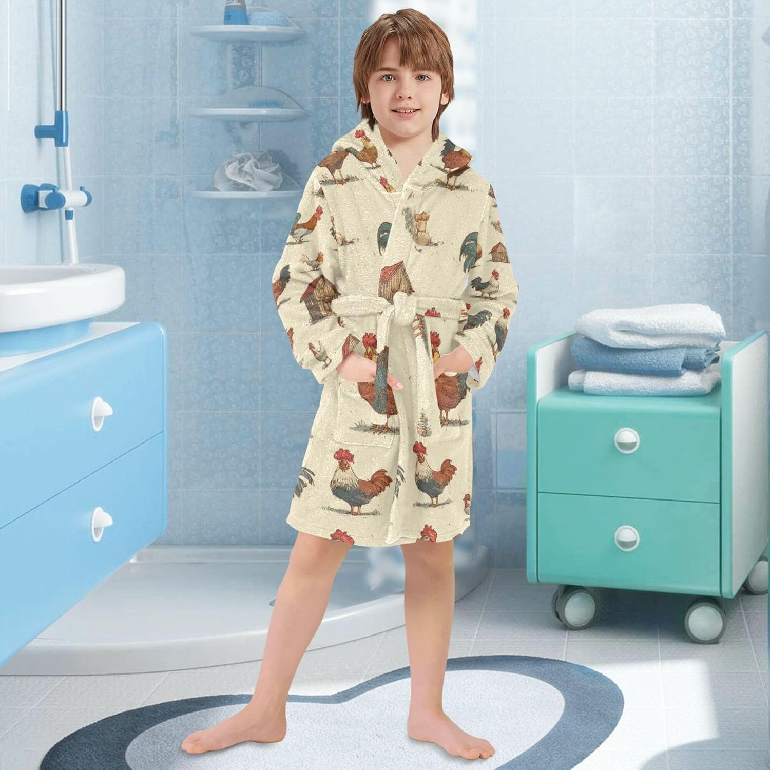 Roosters and Huts Vintage Bathrobe Hooded PJ Robe Soft Fleece Robe Pajama Sleepwears 2-12 Years