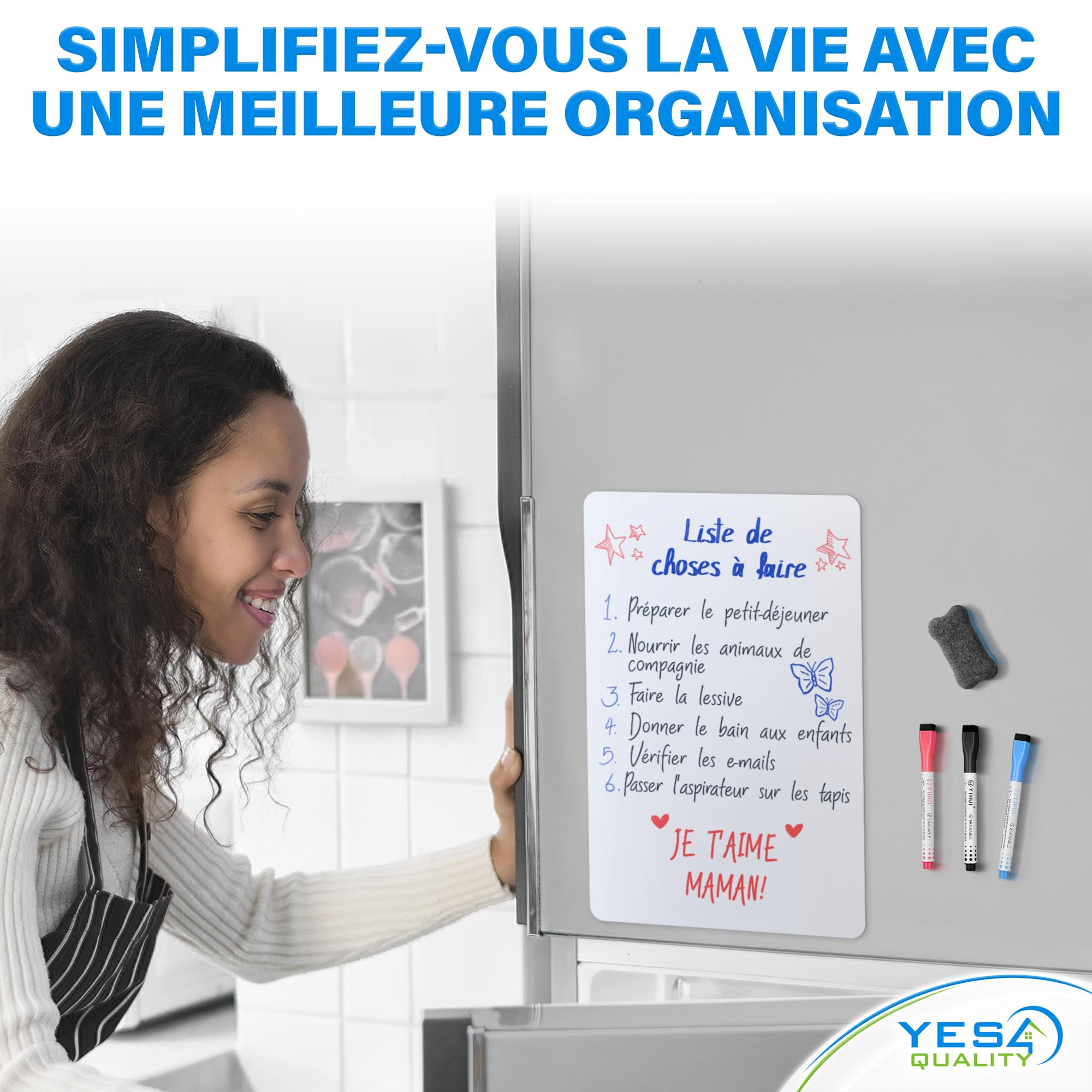 Tableau blanc magnétique effaçable à sec extra large pour réfrigérateur - A3 / 43 x 28 cm - Anti-taches avec 3 marqueurs et une grande gomme aimantée - par Yes4Quality