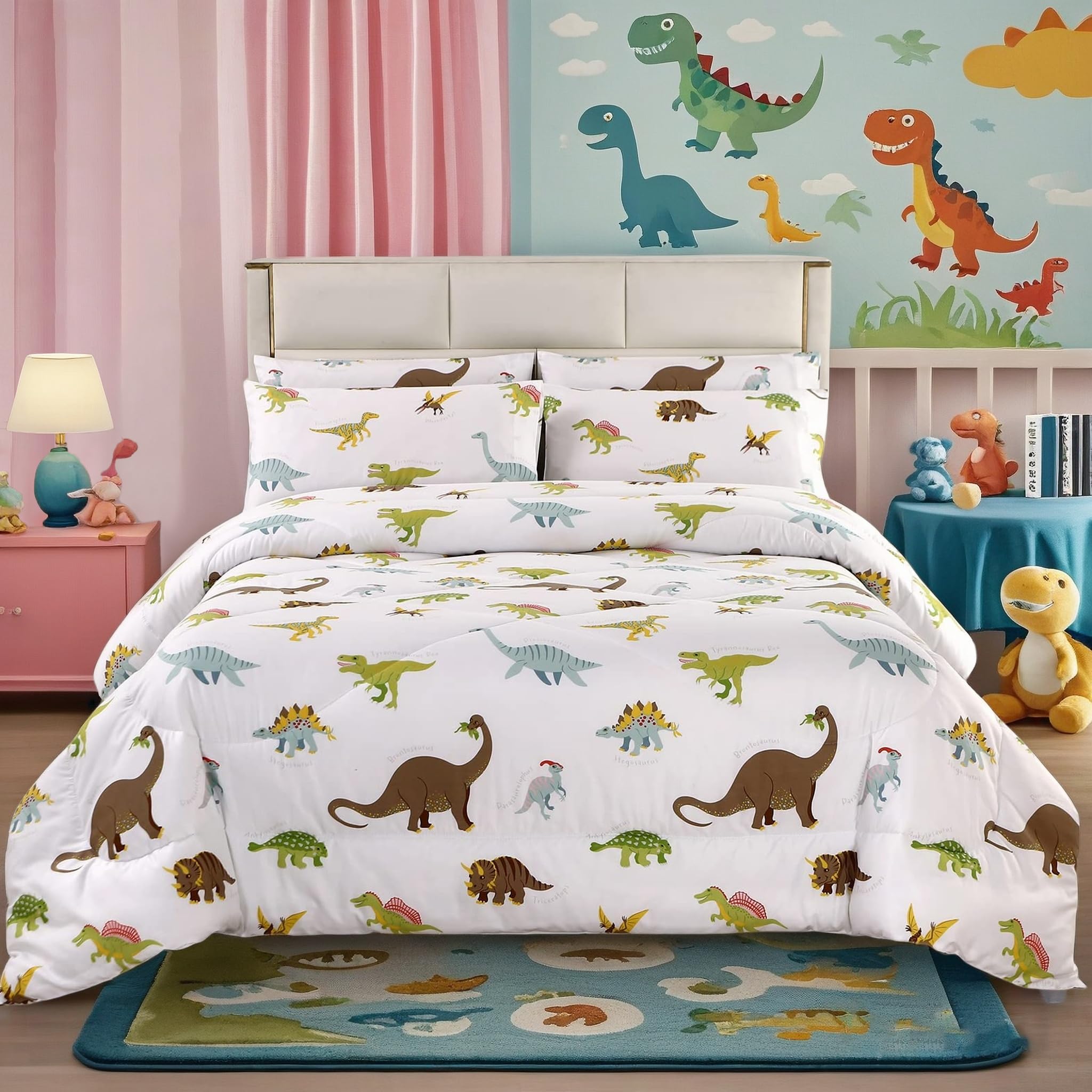 MAG 3Pcs Dinosaur Bedding Comforter Set, Dinosaur White Base Twin Comforter Set,All Season for Toddlers Kids Boys Teens and Girls,Super Soft Microfiber,Twin Size (1 Comforter + 2 Pillowcases)