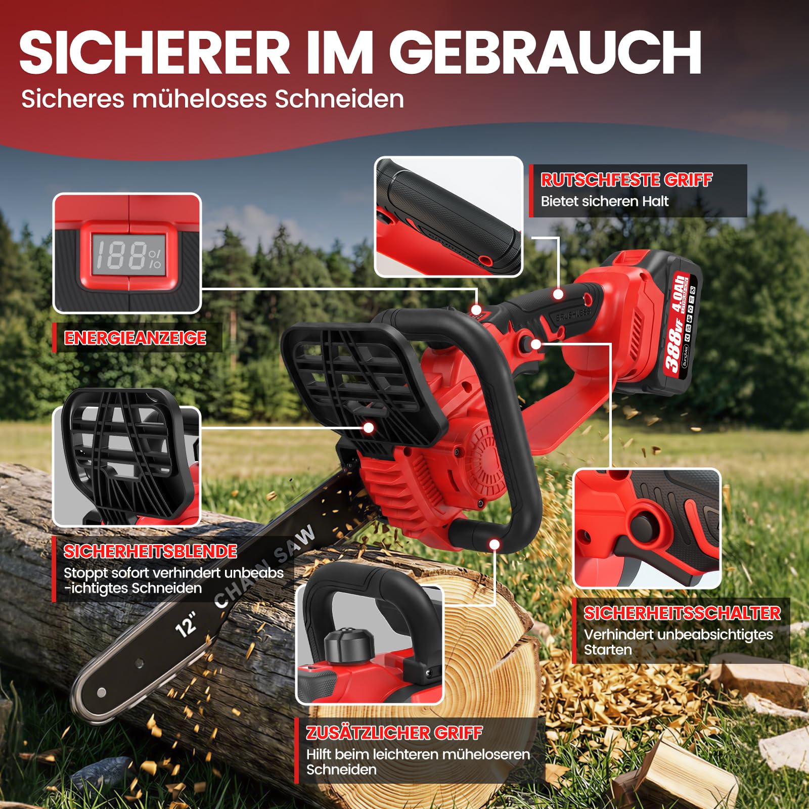 Akku Kettensäge Kompatibel mit Makita Akku, 12 Zoll Astsäge Akku Bürstenlosem Motor mit 2×4Ah, 2 Ersatzketten, Elektro-Kettensäge mit Autom. Kettenschmierung, ideal für Gartenholz & Äste