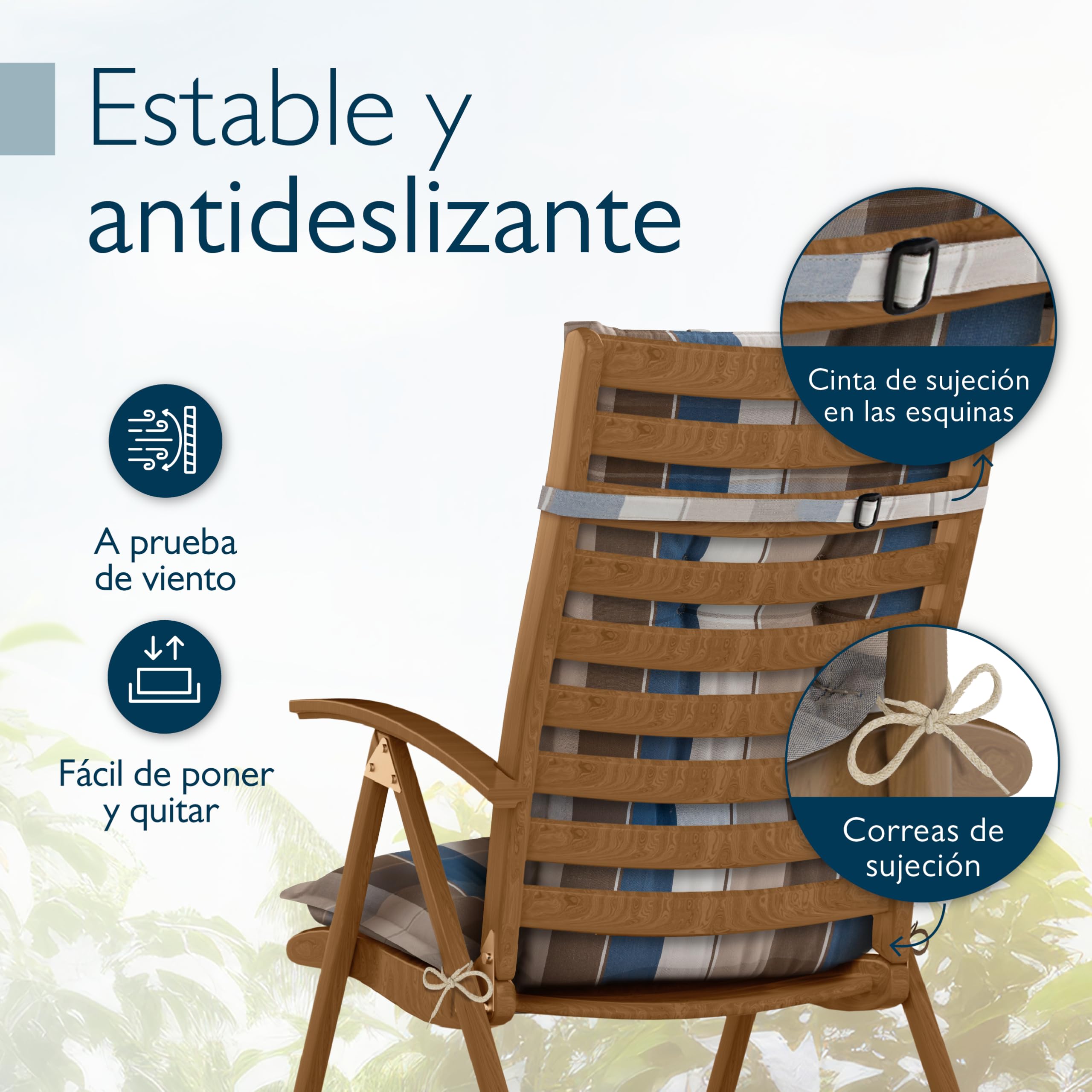 Beautissu Set de 2 Cojines para Sillas de Balcón con Respaldo Alto 120x50cm – Almohadillas de 7cm para Exterior, Tumbonas y Terrazas – HighLux HL – Marrón-Azul a Cuadros – Hecho en la UE