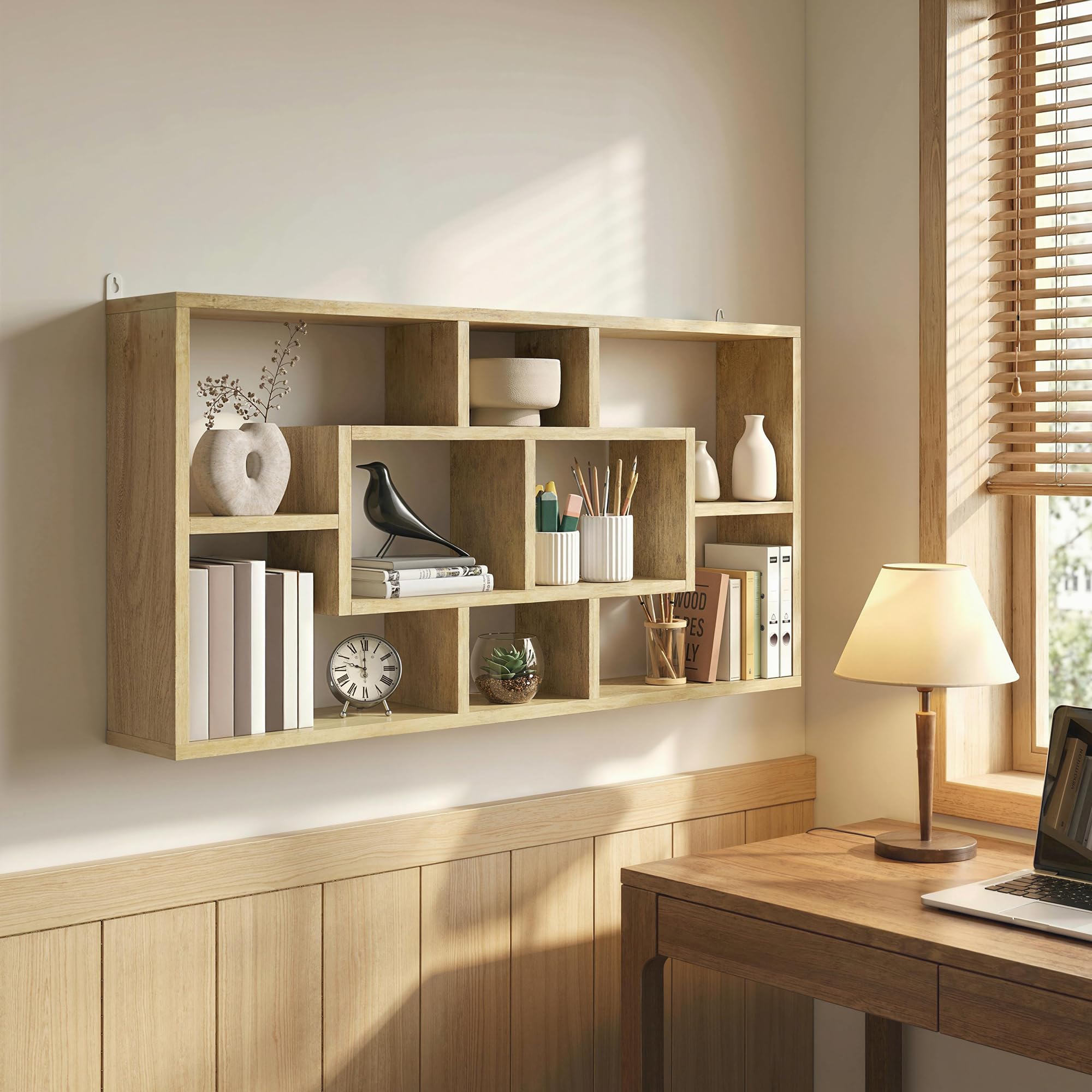 HOMCOM Estante de Pared Decorativo, Estantería para Libro, CDs, Baldas Flotantes con 8 Cubos, 85x14,5x47,5 cm, Carga 20kg, para Oficina, Estudio, Salón, Roble
