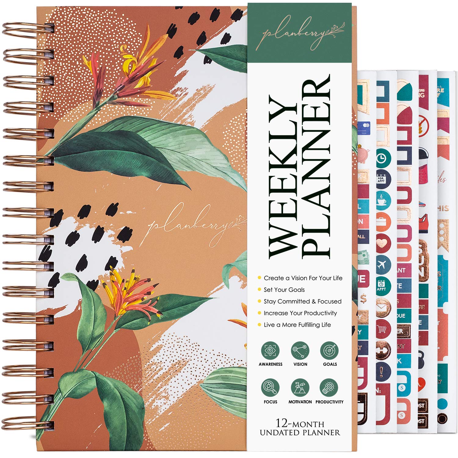 PLANBERRY Weekly Planner Premium – Undated Life Organizer & Budget Planner – Time Management, Goal Setting, To-Do List, Work-Life Balance & Habit Tracker – 6.9″ x 8.5″ (African Terracotta)