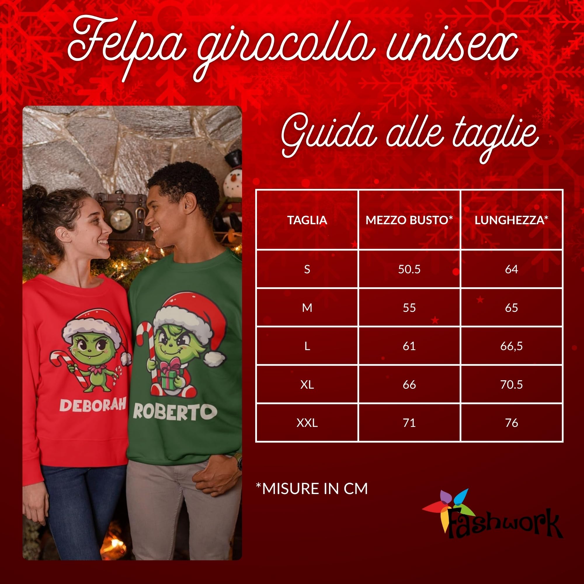 fashwork - Coppia Felpe Personalizzate Natalizie con Nome, Felpa Uomo e Donna Girocollo Rossa e Verde, Felpe Merry Christmas Idee per Regali Natale Originali