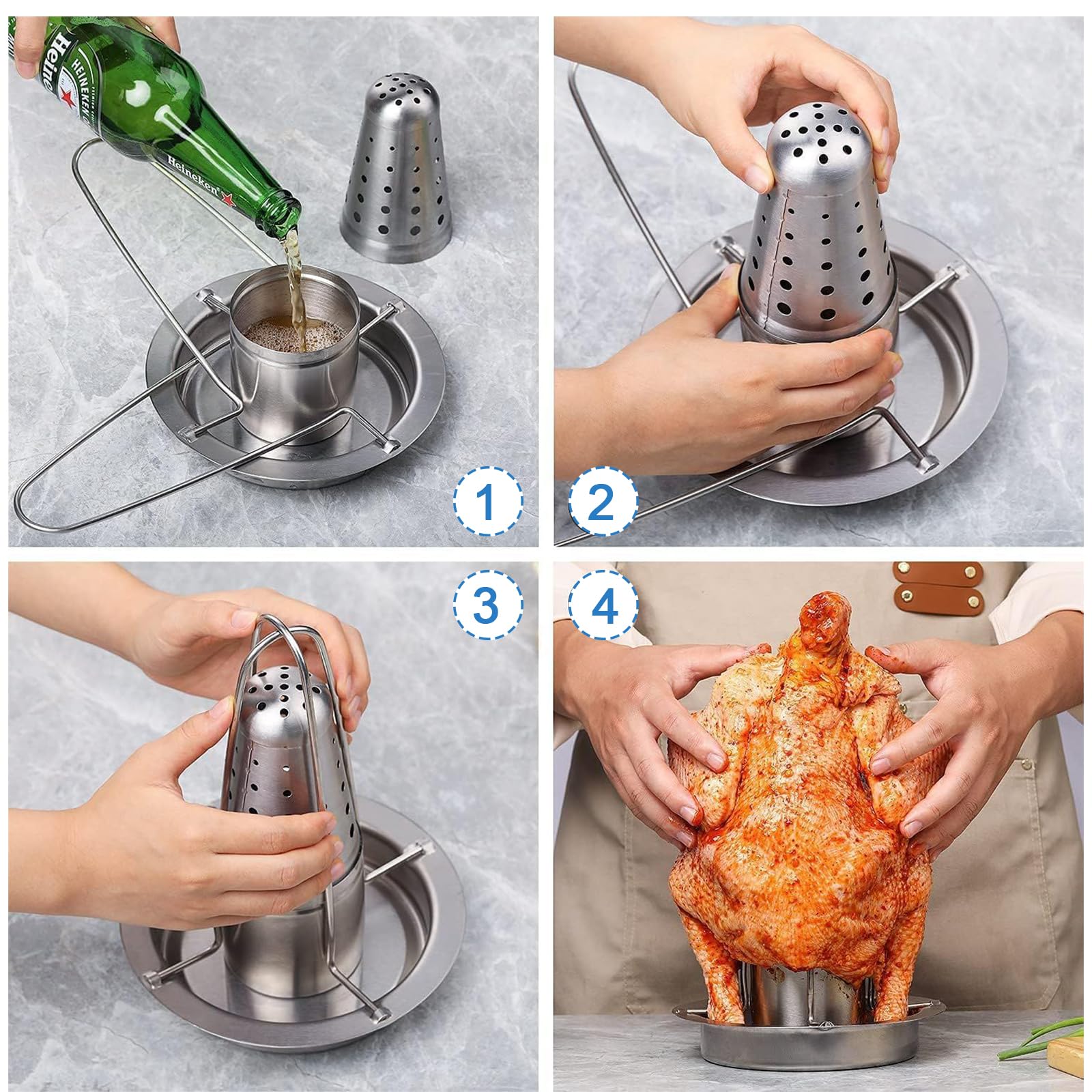 Rôtissoire à Poulet Barbecue en Acier Inoxydable, Support à Poulet pour Canette de Bière, Grille Poulet Vertical, Support à Volaille en Fonte Démontable, Récipient Aromatique Amovible, Bac d'Égouttag