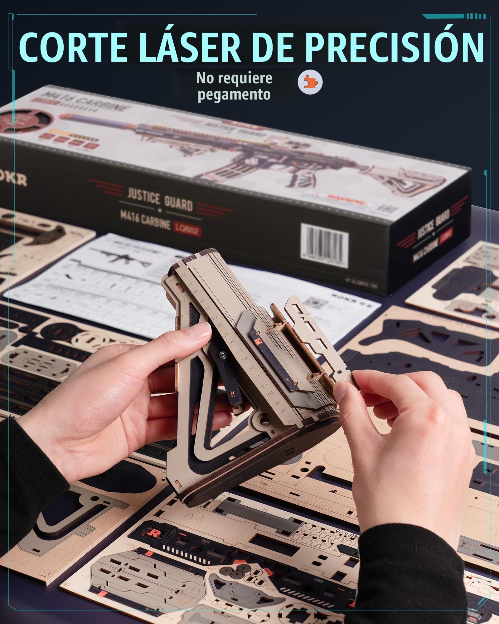 ROKR M416 Kit de Construcción Mecánico Interactivo 3D para Adultos 410 Piezas Estilo Táctico Puzzle de Madera DIY Juego con Bandas Elásticas Regalo para Hombres LQB02