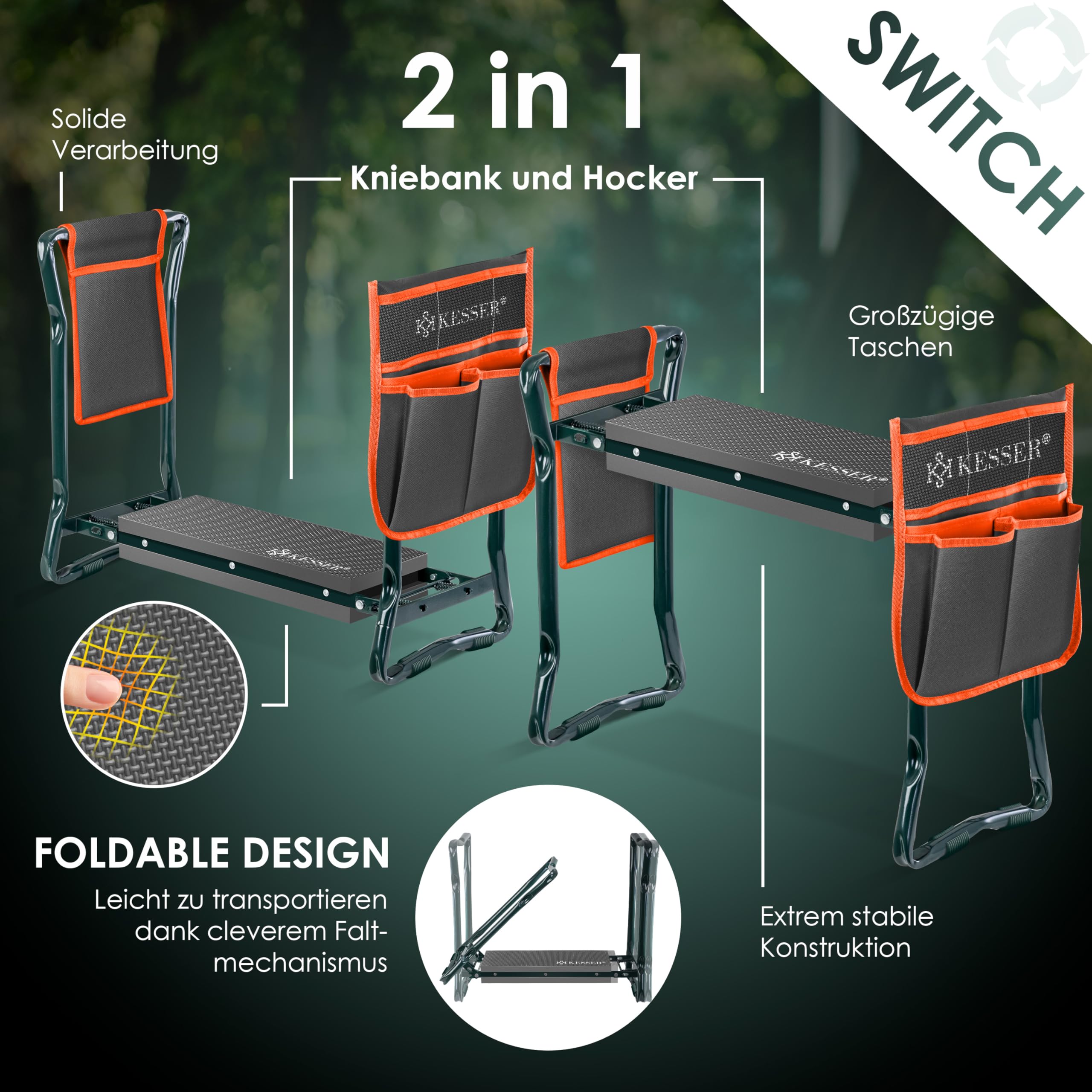 KESSER® 2 en 1 XXL Genouillère de Jardin Rembourrée Coussin d'assise avec 2X Trousses à Outils Banc de Jardin Réglable en Hauteur 60 x 50 x 27 cm jusqu'à 150 kg, Anthracite Orange