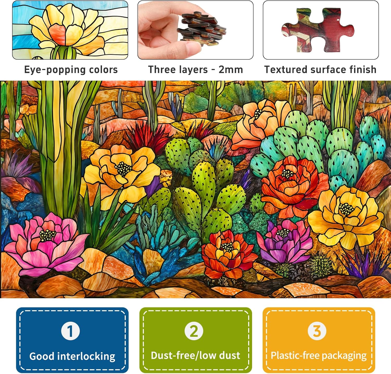 Stained Glass Cactus Jigsaw Puzzles for Adults 1000 Pieces, Difficult Puzzles Perfect for Game Night, Great Gift Idea, Size 24x24 in