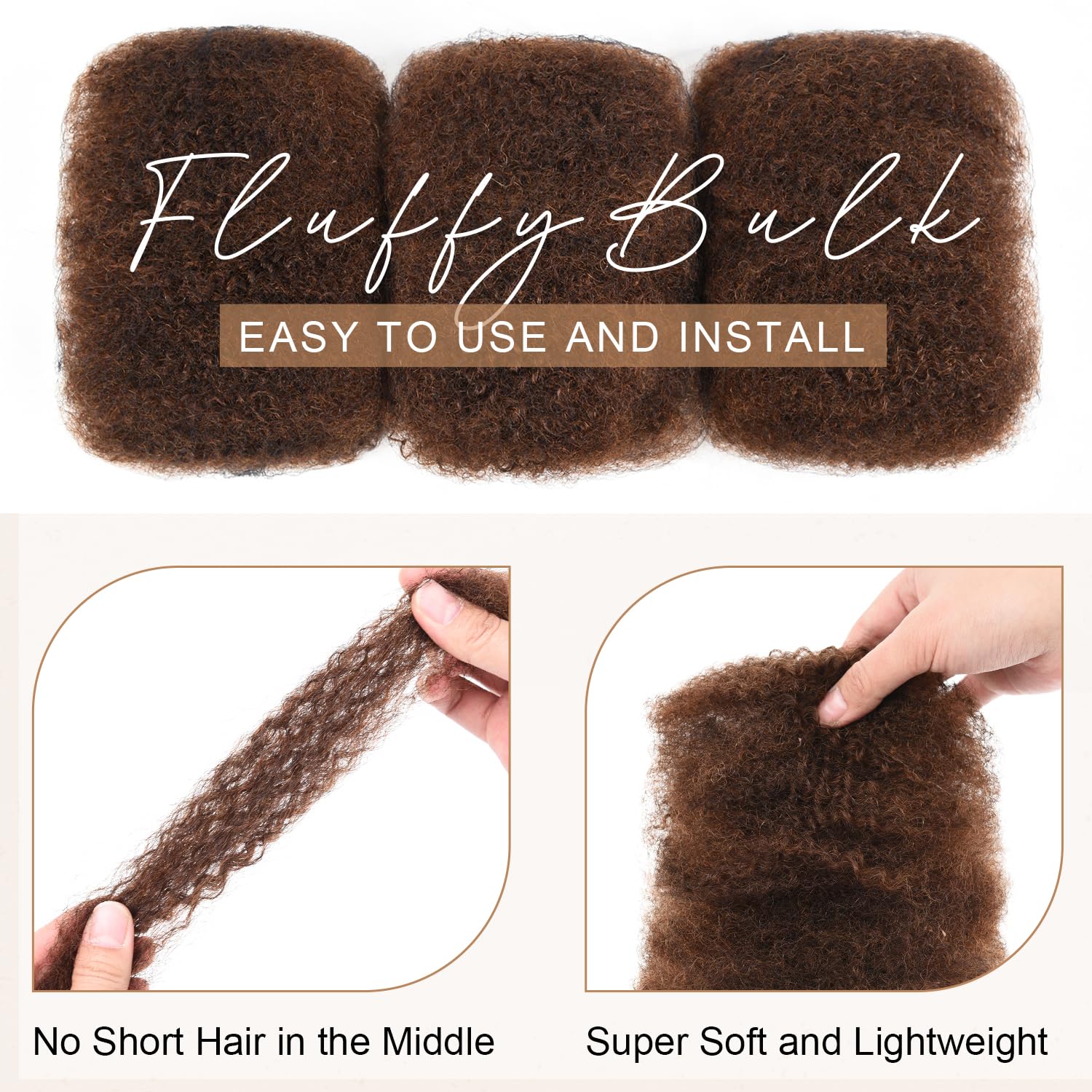 Originea Afro Kinky Curly Human Hair Bulk for Dreadlocks and Twist Braiding 100% Human Hair 3 Packs 10 Inch Soft Afro Kinky Bulk Human Hair Extensions for Braiding (#4 Medium Brown) - Image 4