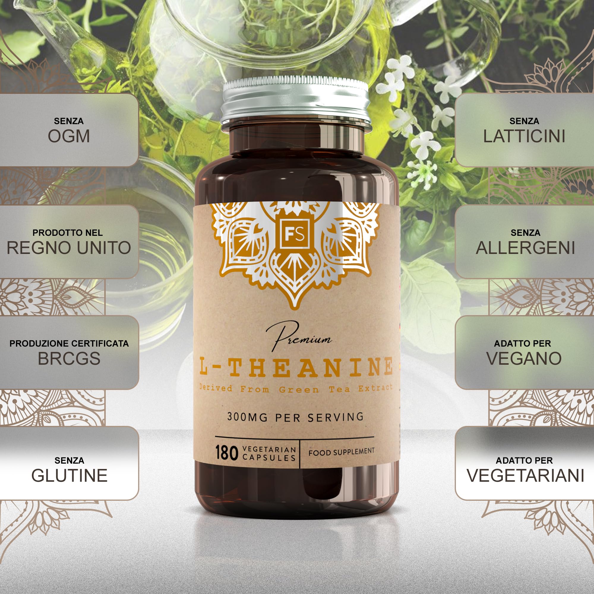 FS Teanina | 180 Capsule di L Teanina da Tè Verde - 300mg di L Theanine per Dose | L-Teanina ad Alta Potenza | Non-OGM, Senza Glutine e Allergeni | Prodotto nel Regno Unito