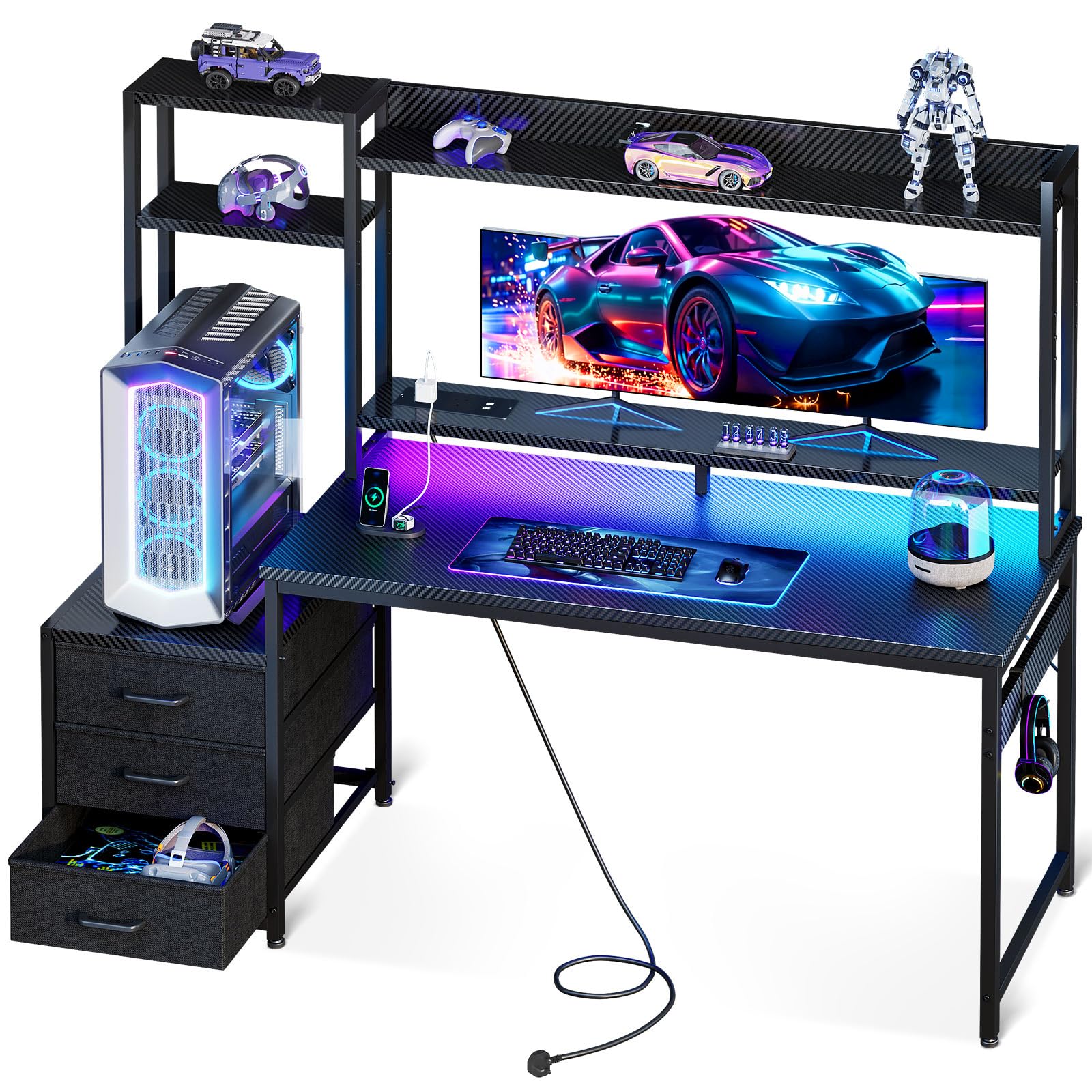 Coleshome Gaming Desk with Drawers & Display Shelves, 138×48 cm Computer Desk with LED Lights & Sockets, Reversible PC Gaming Table with Monitor Stand, Carbon Fiber Black