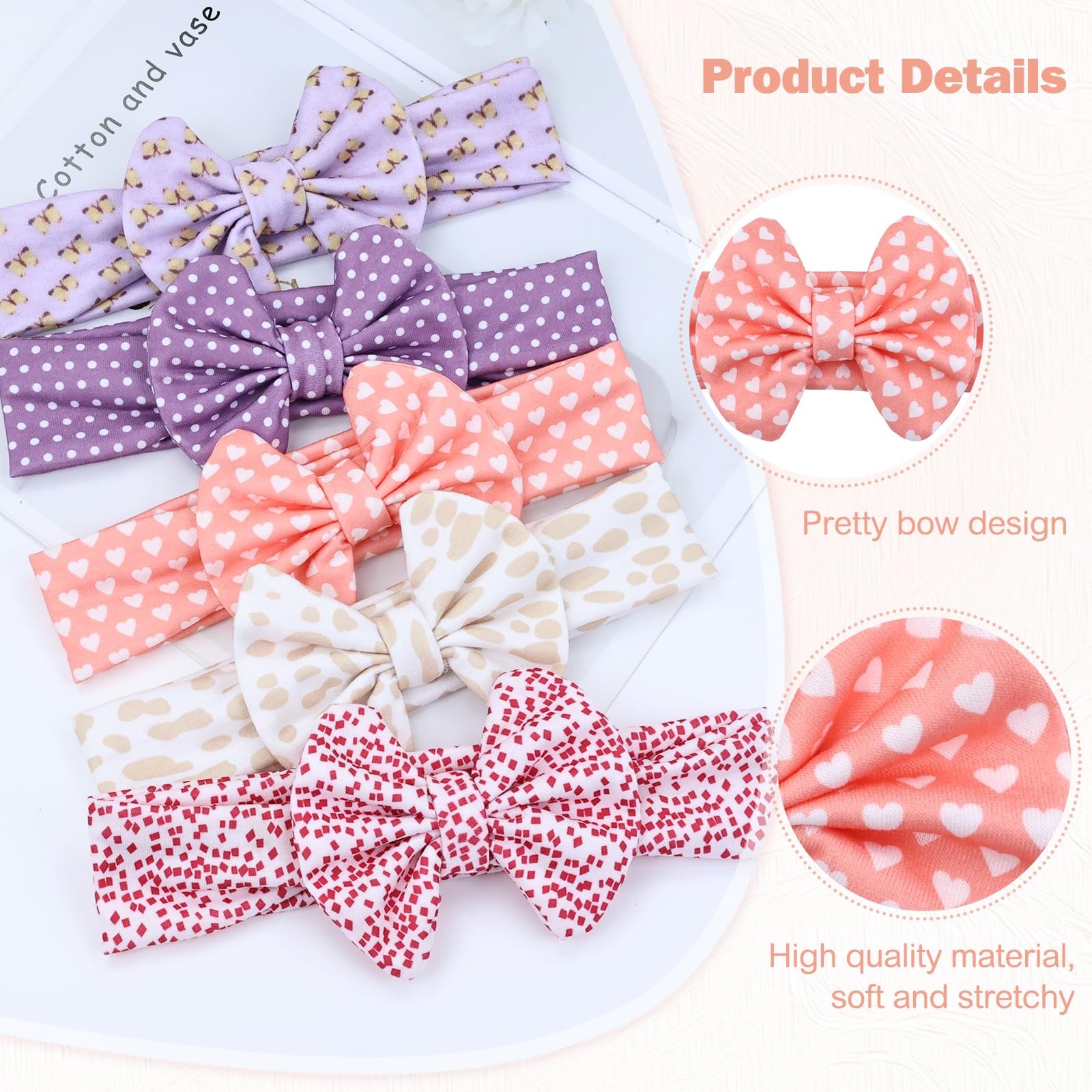 Cinaci 12 Pieces Soft Stretchy Solid Striped Floral Print Baby Girl Bow Headbands Hair Bows Bands Headwraps Accessories for Baby Girls Infants Toddlers - Image 3
