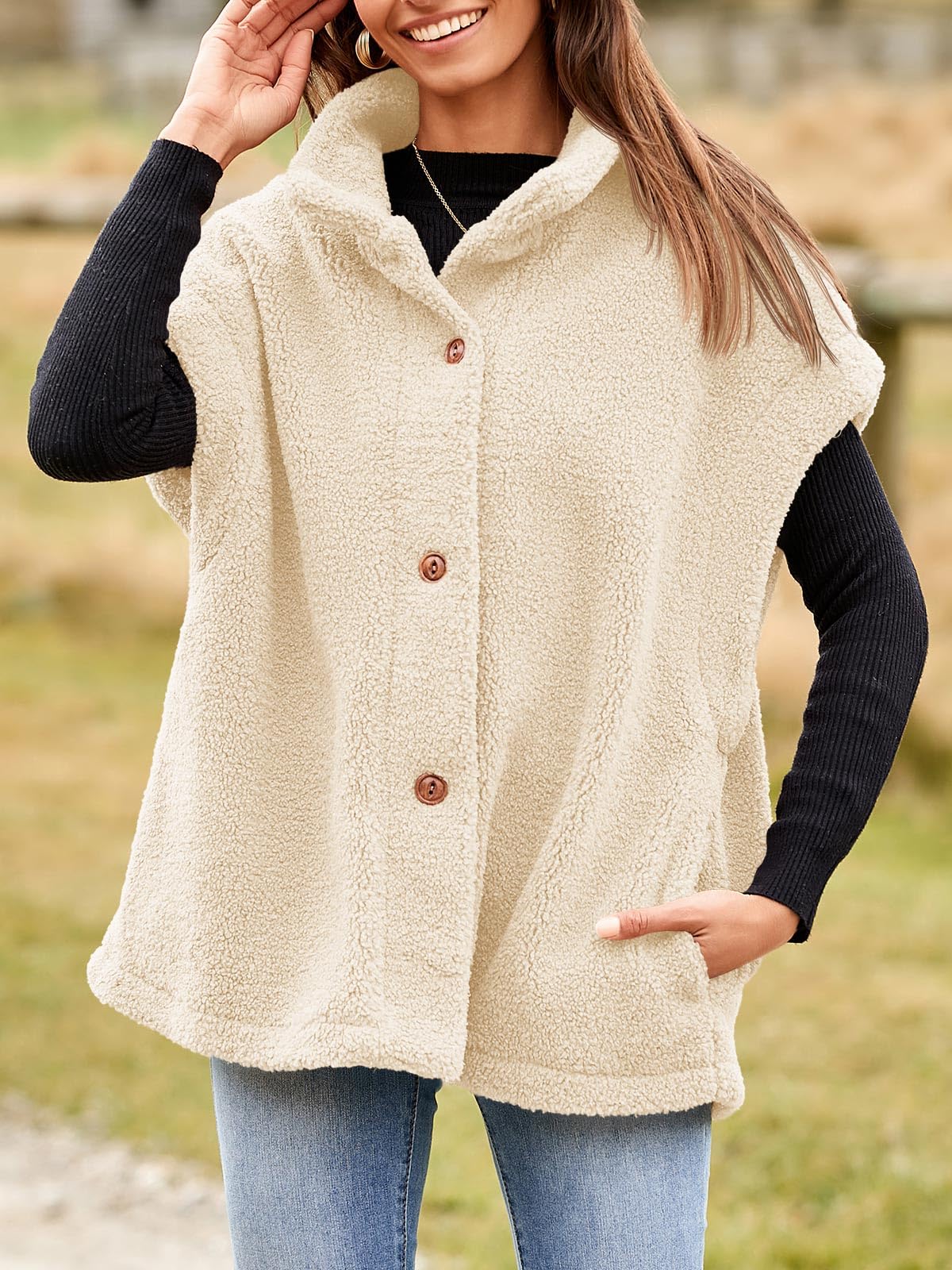 Tanakneo - Gilet oversize da donna, in pile, senza maniche, peloso, alla moda, casual, con bottoni