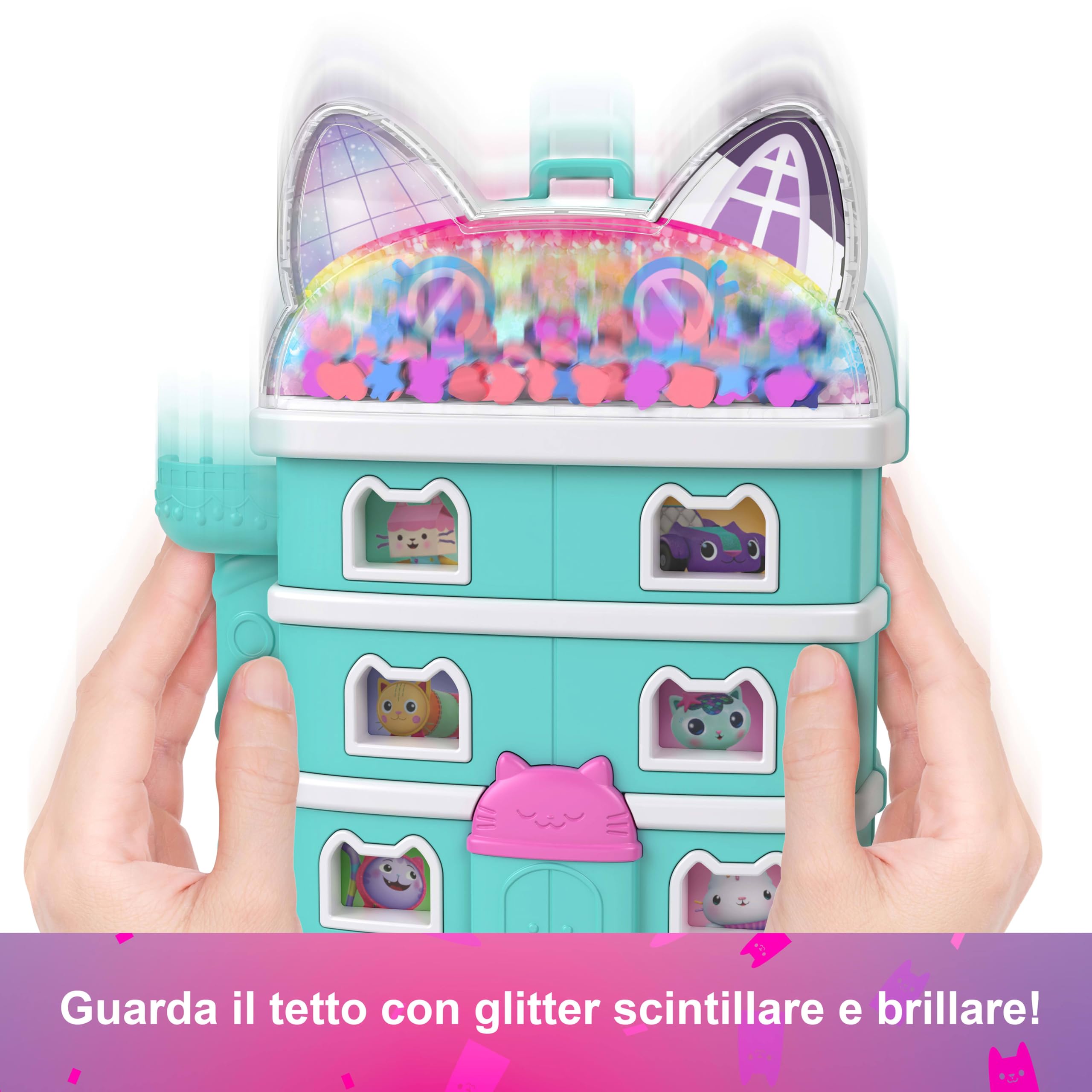 Polly Pocket - La Casa delle Bambole di Gabby, cofanetto con mini Gabby e 9 accessori, include gli amici gattini Pandy Panda, Dolcetto e Siregatta, giocattolo per bambini, 4+ anni, JFV02