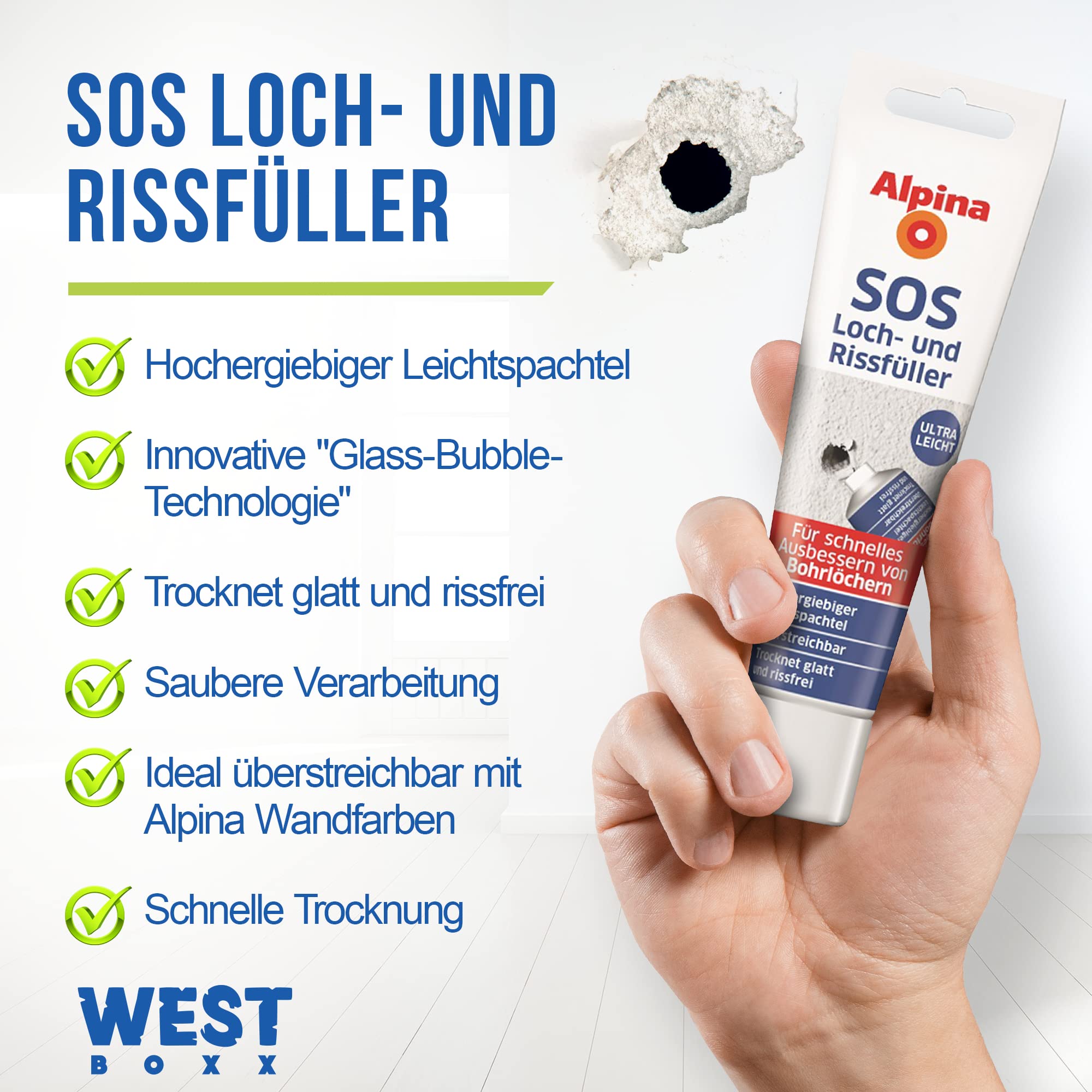 Box aus 20x Loch- und Rissfüller 100 ml für eine glatte & rissfreie Oberfläche, Fertigspachtel innen für Wand & Decke