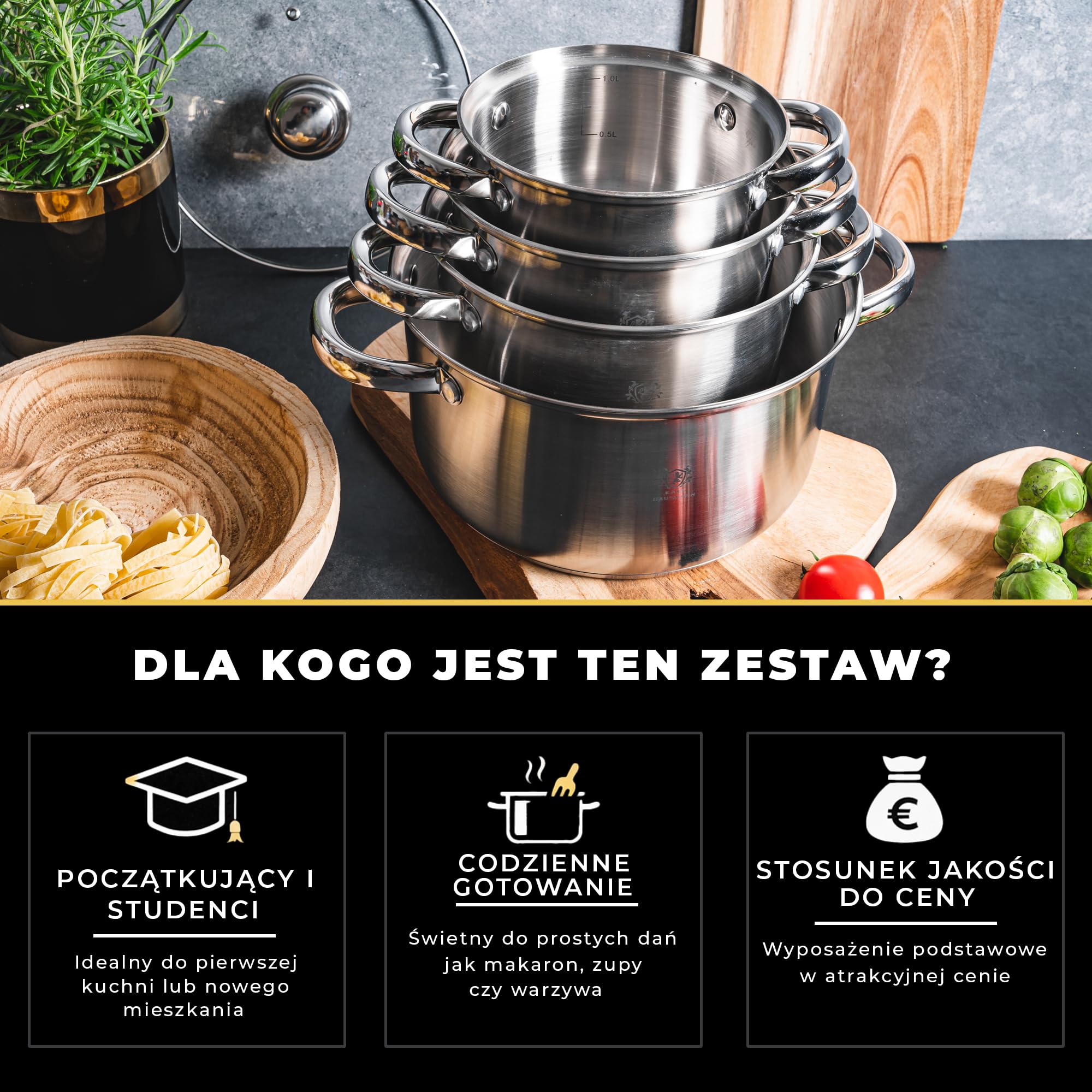 KARL HAUSMANN Zestaw Garnków ze Stali Nierdzewnej 18/0 – 4 Elementy – Garnki z Pokrywkami i Wewnętrzną Miarką – Na Wszystkie Kuchenki, w tym Indukcję - Do Mycia w Zmywarce - kuchenka gazowa