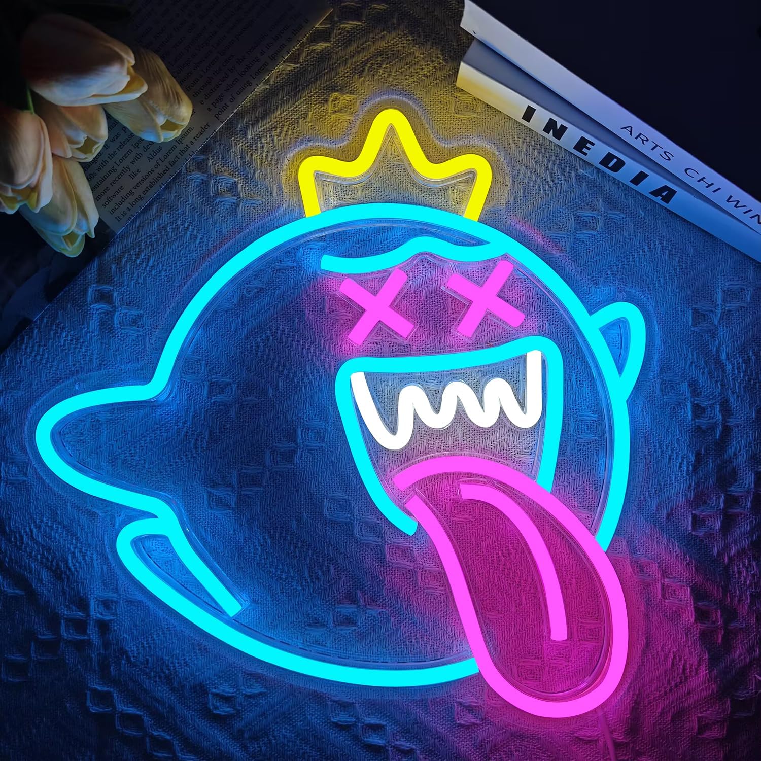 King Boo Neon Sign Dimmable Ghost Face Neon Light for Wall Decor Gamer Light Up Sign King Boo Neon Light for Bedroom Gaming Room Window Led Ice Blue Light Up Sign for Christmas Birthday Gifts Decoration - Image 3