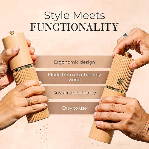 Miniatura 8 de Styled Settings Juego de molinillo de sal y pimienta de madera con detalles dorados, juego de molinillo de sal y pimienta manual de madera