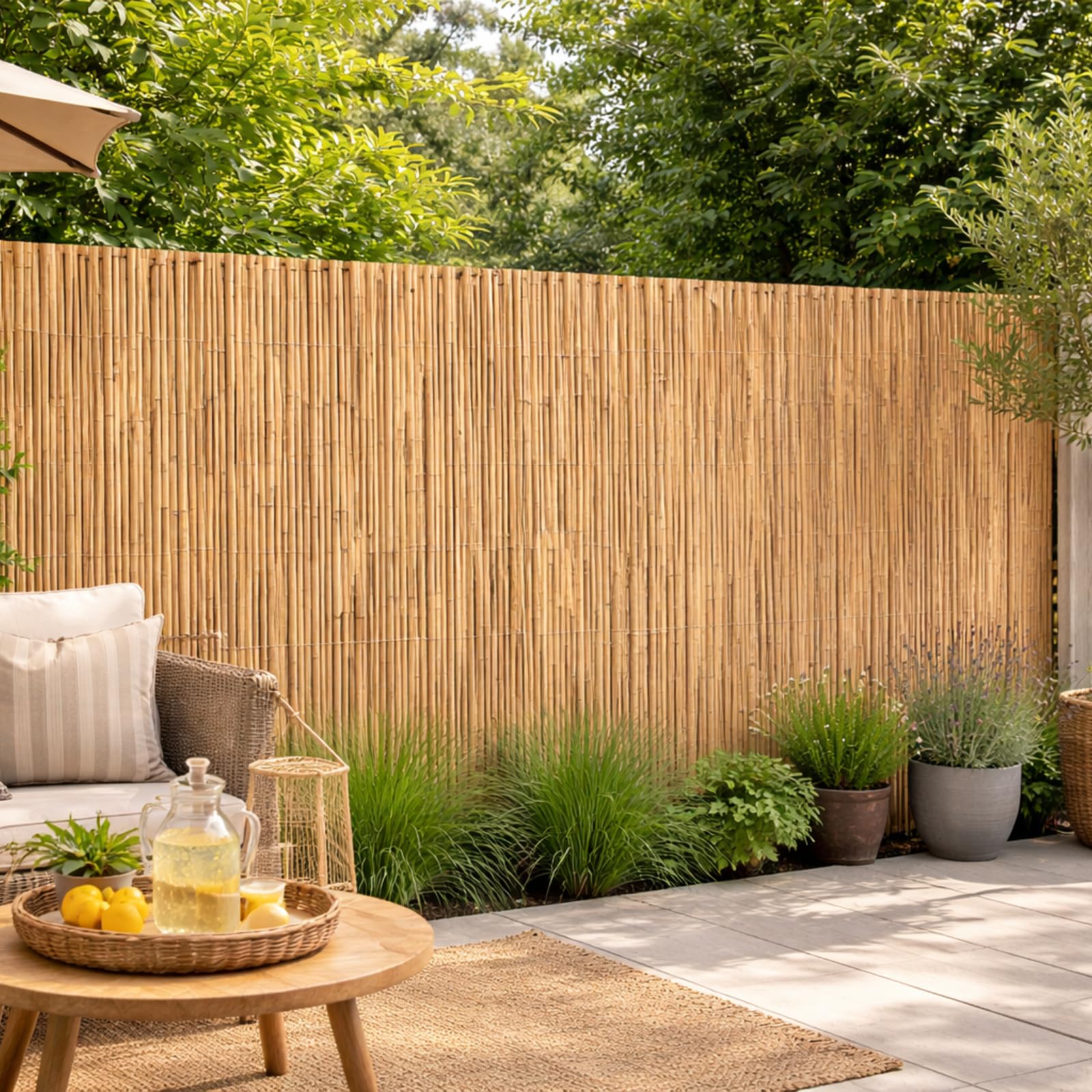 Arella in Bamboo Naturale, In Canne Frangivista per Giardino, Balcone,Piscina e Terrazzo, Cannette 4-5 mm, Filo in Nylon,Stuoia Ombreggiante (2,5x4 mt)