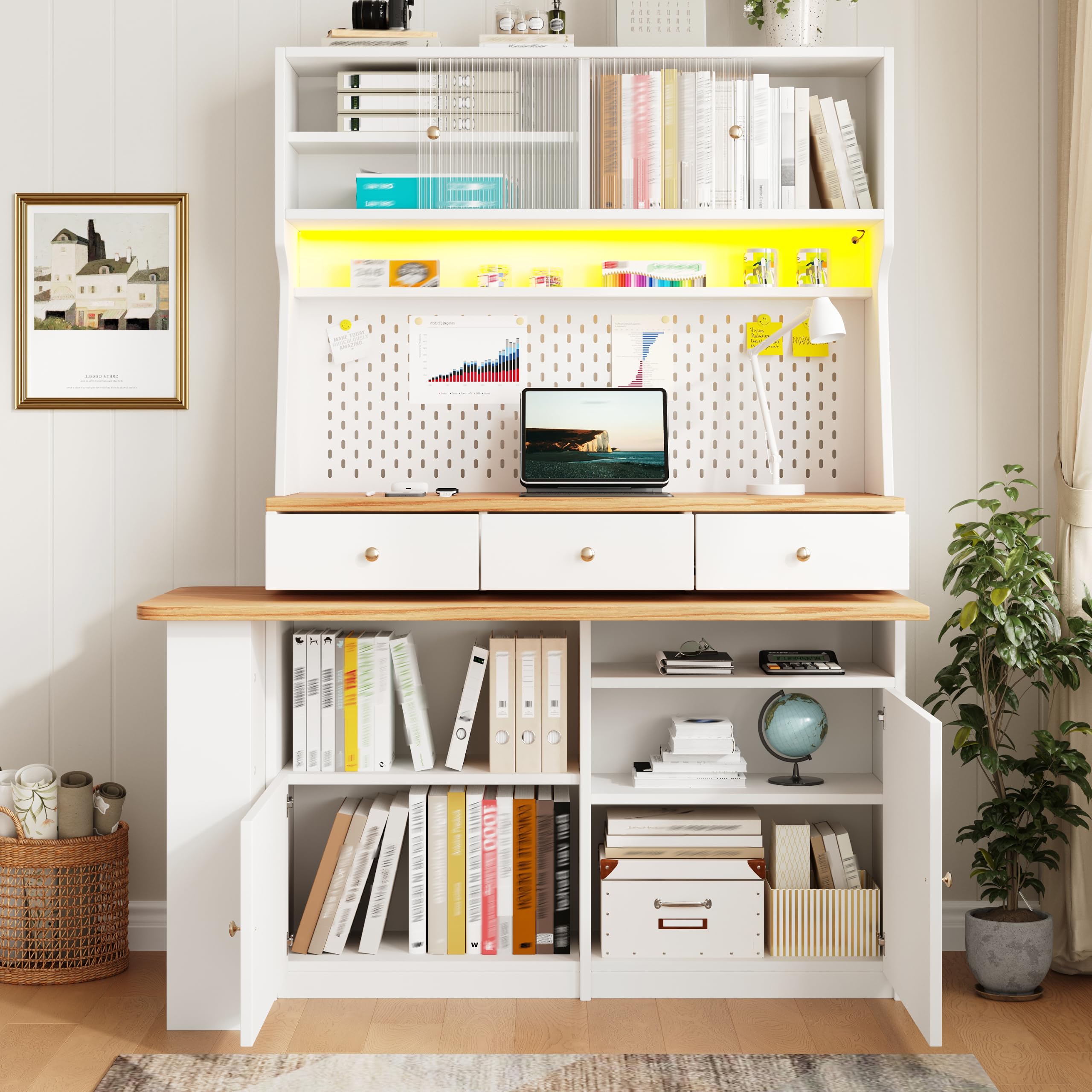 Armadio alto multifunzione con funzione scrivania (bianco) | Combina spazio e piano di lavoro per soggiorno e sala da pranzo.