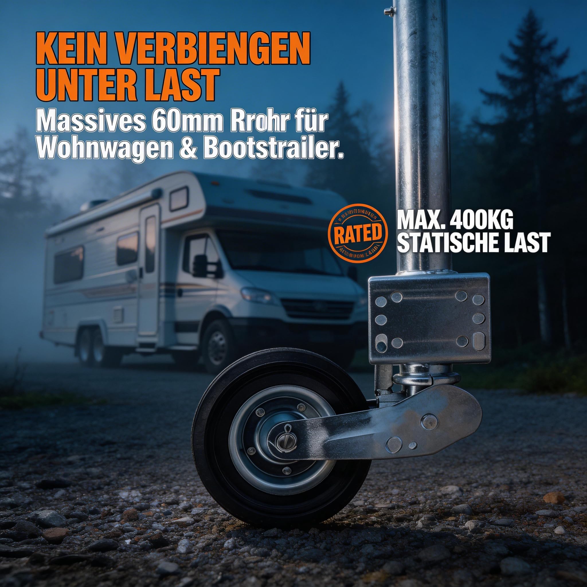 NBJINGYI Anhänger Stützrad 400kg - Ø 60mm Ersatz-Stützrad mit Pannensicherem Vollgummi-Reifen & Stahlfelge, Dickwandiges Verzinktes Stahlrohr, Rangierhilfe für Wohnwagen, Bootstrailer