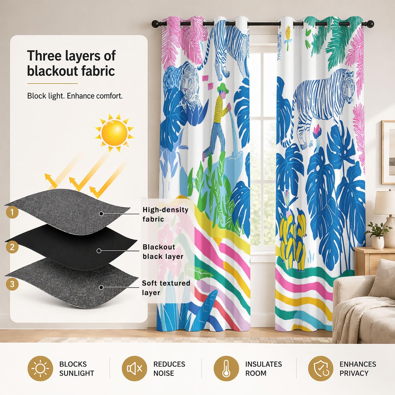 Generisch Tiger Gärtner Pflanzen Blickdichte Gardinen Boho Tropisch Ösenvorhänge Thermo Vorhang Schlafzimmer Wohnzimmer Kinder Verdunklungsvorhänge 2er Set B 91.5 x H 214 cm