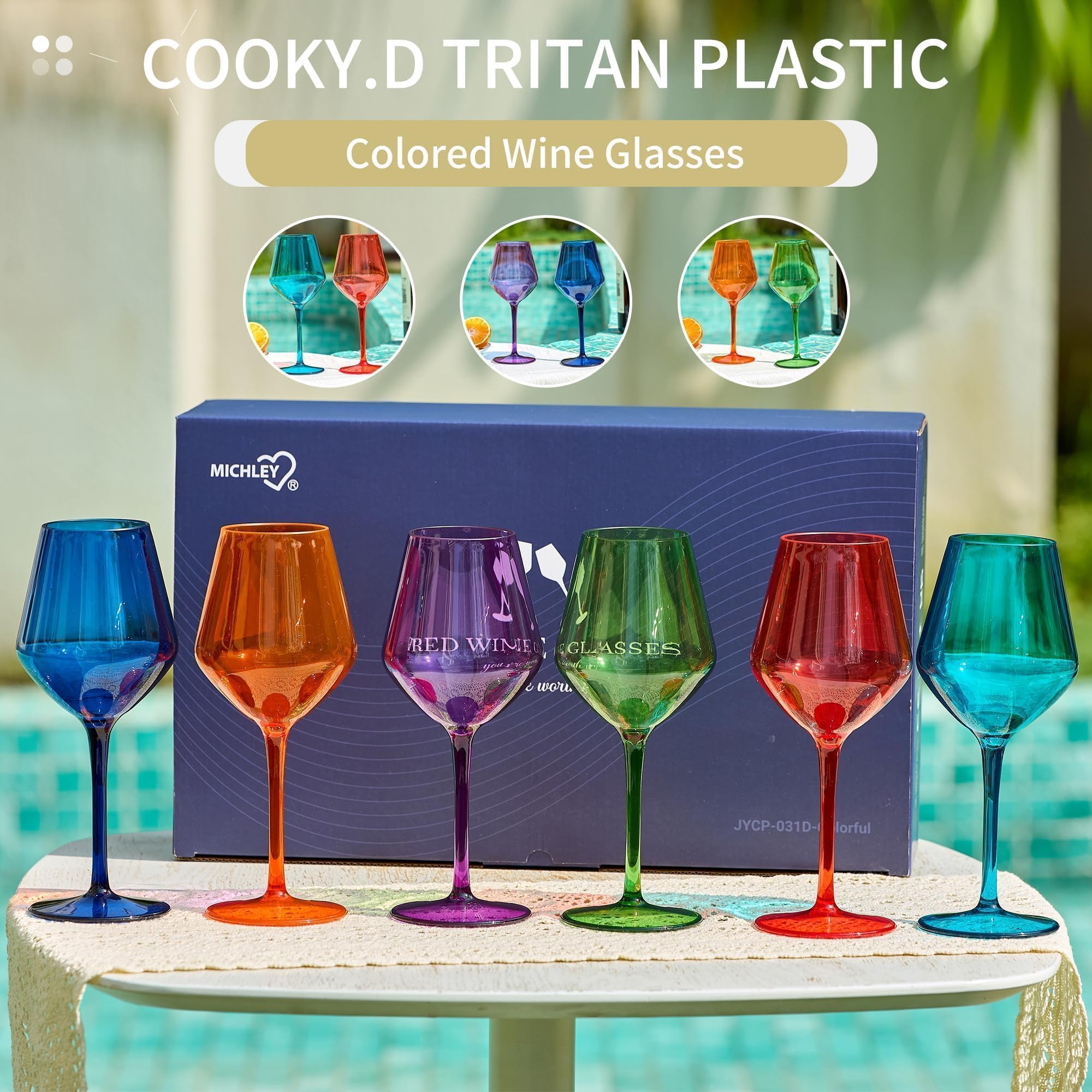 Tritan Kunststoff-Farbige Weingläser 425ml/15 oz Langstielige Mehrfarbige Glaswaren Unzerbrechliche Trinkgläser Hochzeitsgeschenk Einweihungsparty für Rot- & Weißwein,6er-Set,Bunt
