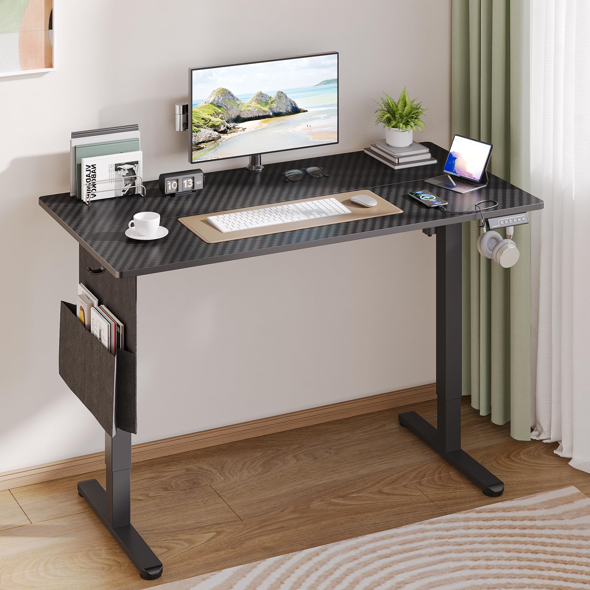 Bestier Height Adjustable Electric Standing Desk 47×24 Inch with 20 millimeter / s Lifting Speed, 3 Height Memory Presets & USB Port, Gaming Desk with Headset Hooks & Storage Bag, 55dB, Carbon Fiber Black