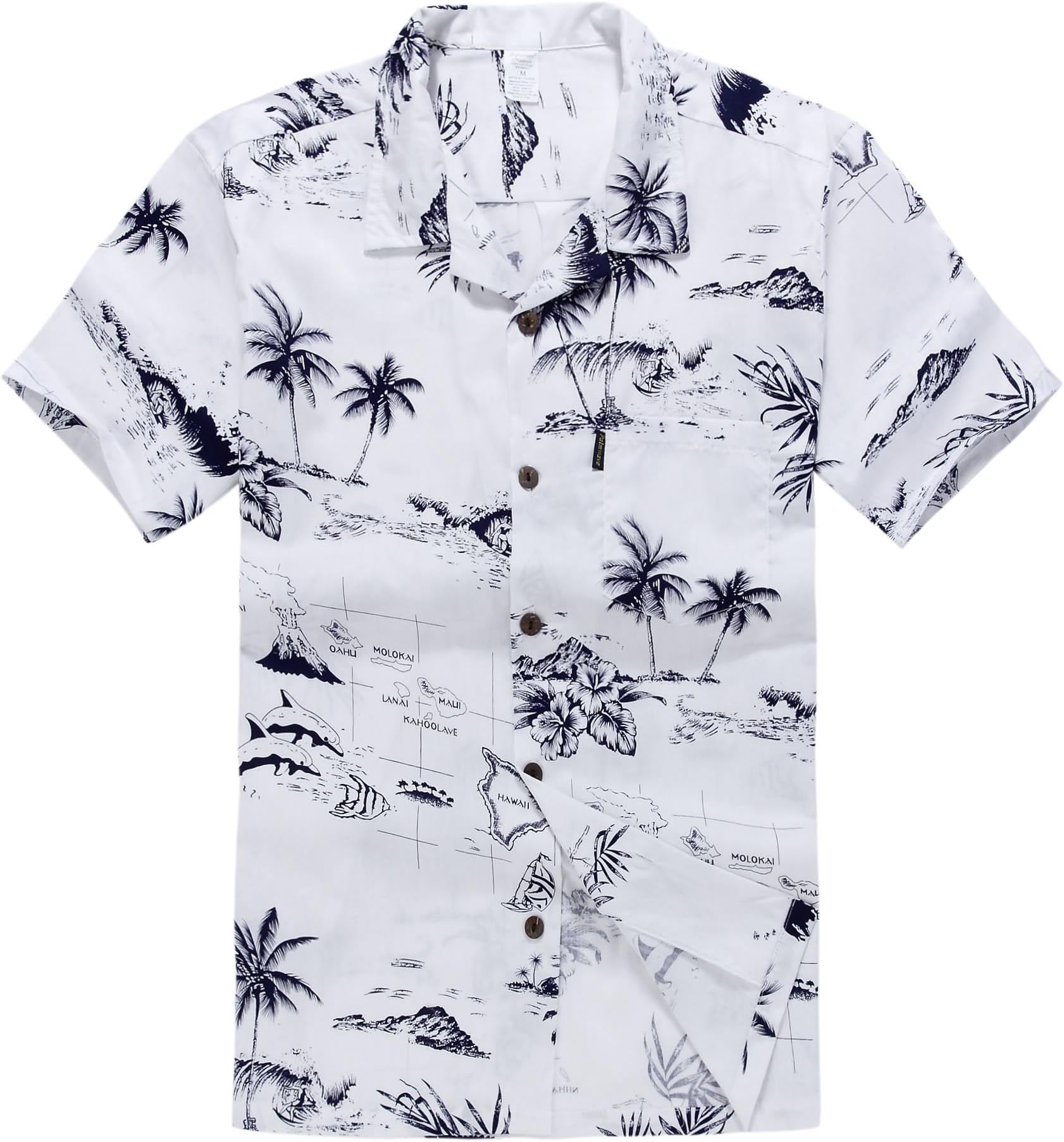 Palm Wave Men's Hawaiian Shirt Aloha Shirt S White Map, Small