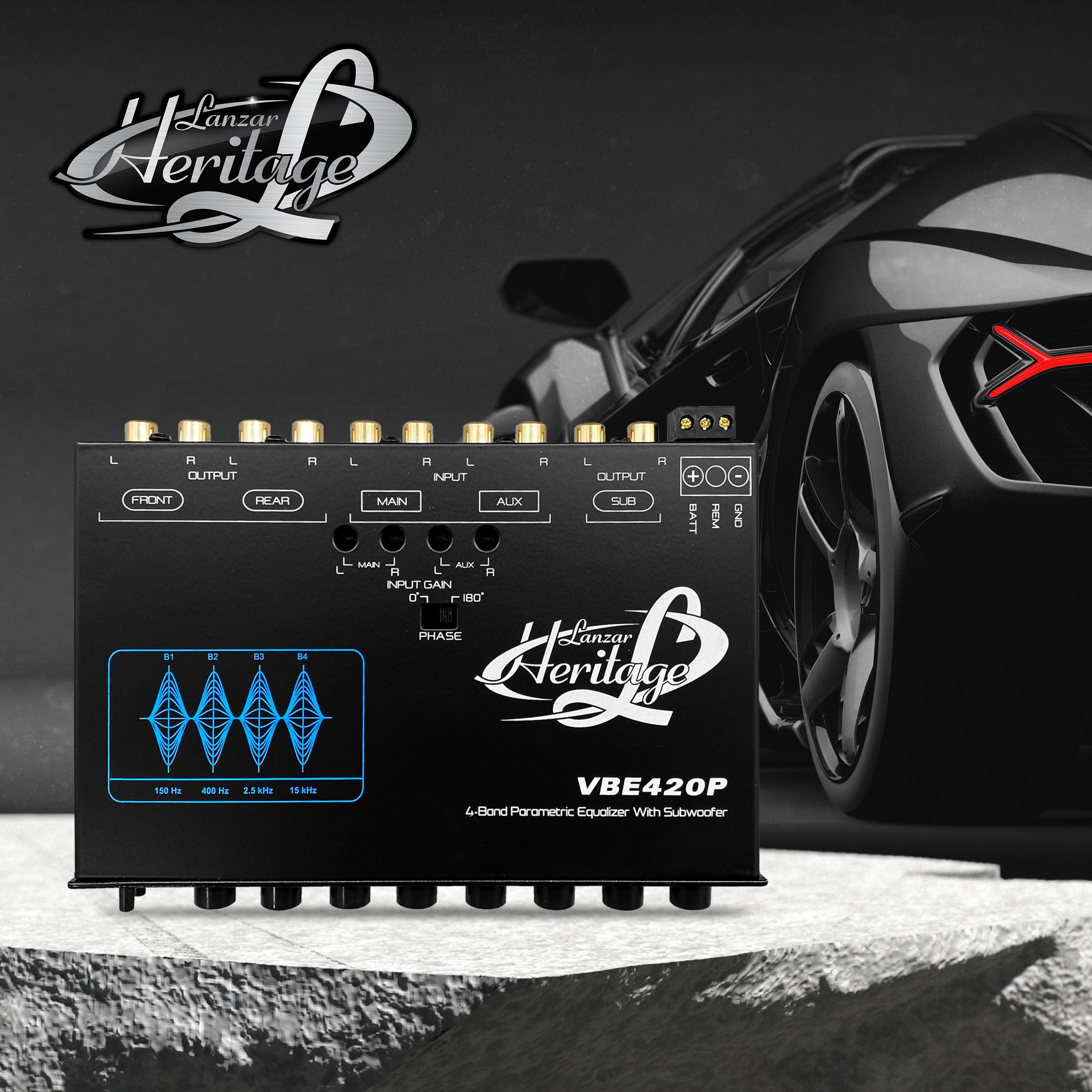Lanzar Equalizzatore stereo a 4 bande - equalizzatore per auto a mezzo DIN con controllo del guadagno subwoofer, ingressi RCA, uscite pre-amplificatore, fader rotativo, selettore di ingresso AUX, luce
