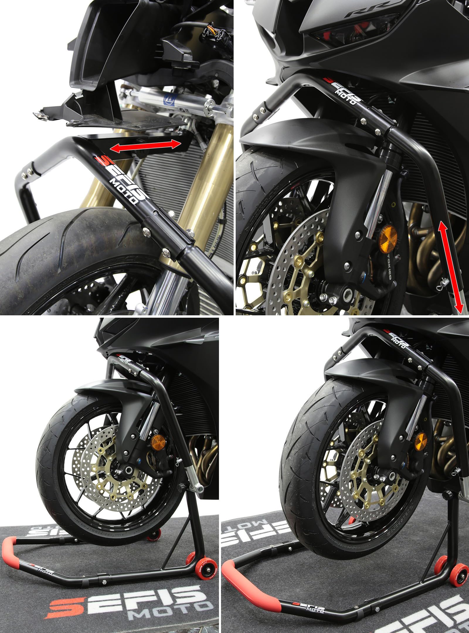SEFIS D18 Set de caballetes para motocicleta, caballete de rueda delantera, elevador de rueda trasera, soporte de servicio frontal y trasero, caballete de montaje trasero para motocicleta, set de